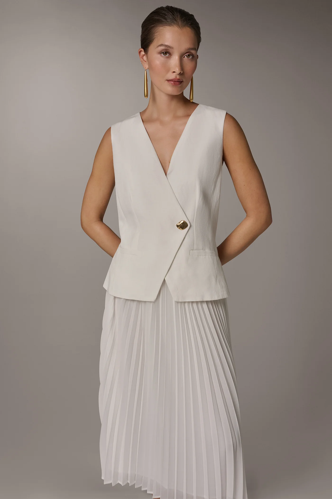 LINEN-BLEND MIXED MEDIA MIDI FIT AND FLARE DRESS - VXVOV