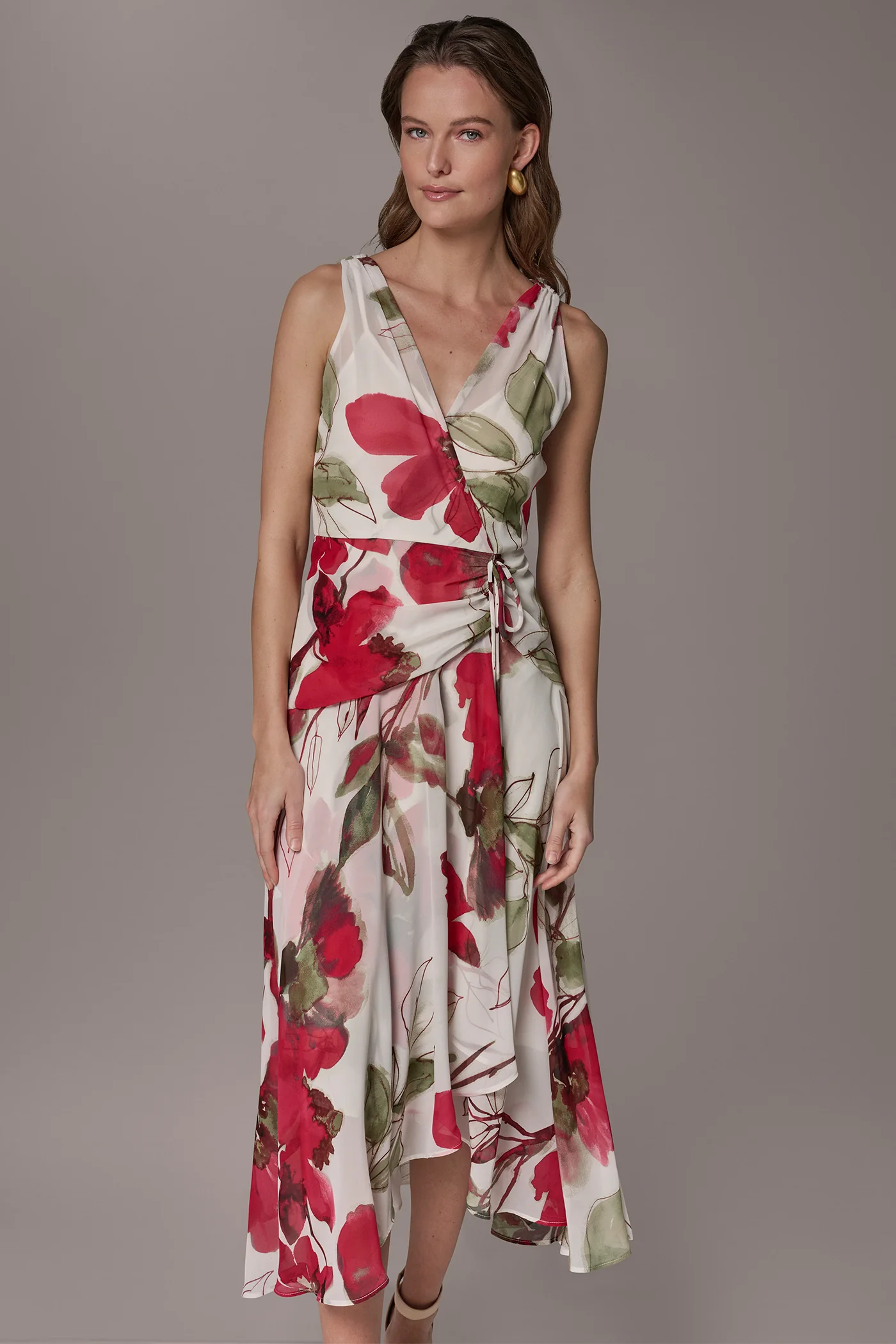 CHIFFON FLORAL WRAP MIDI A-LINE DRESS - VXVOV