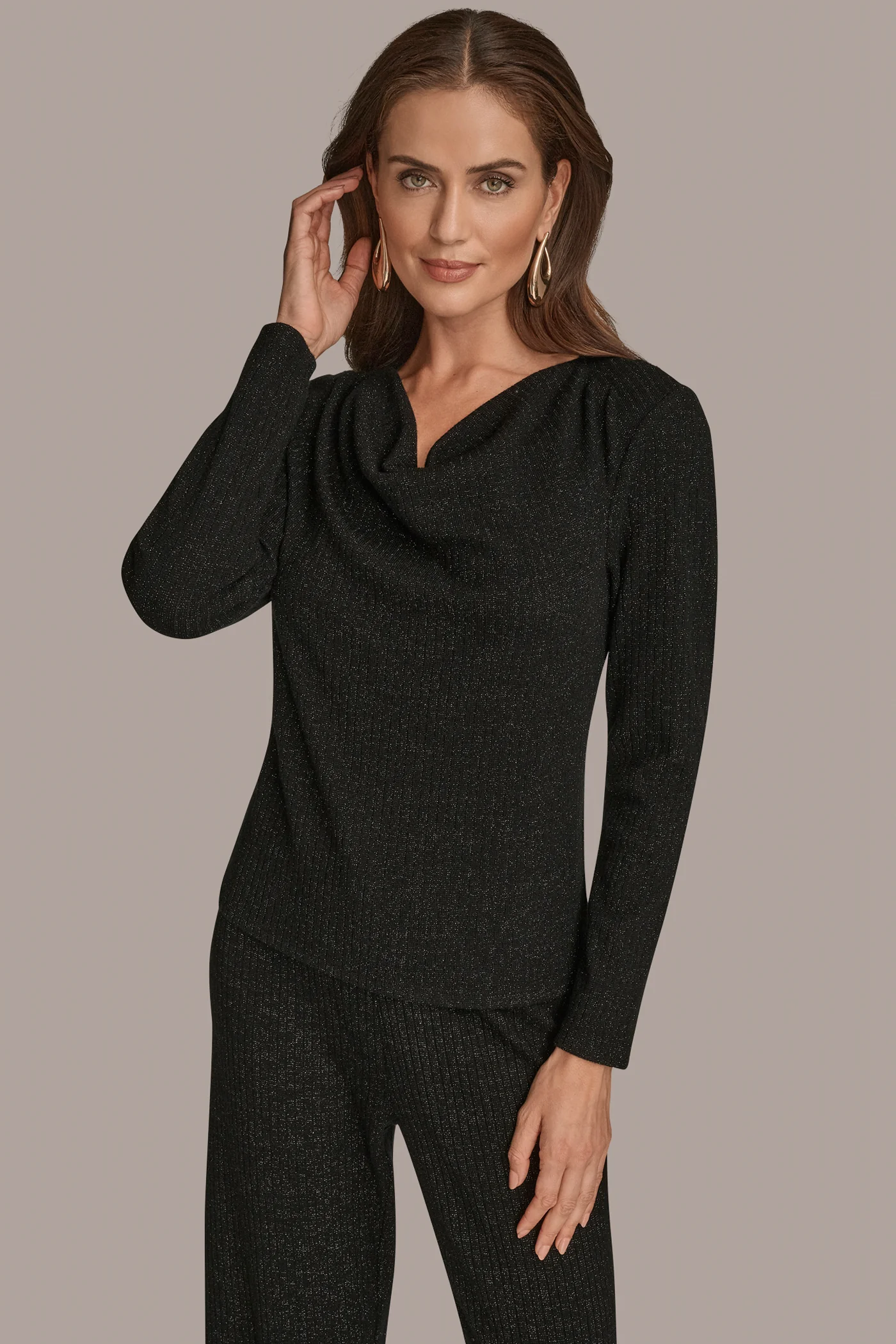 METALLIC COWL-NECK RIB-KNIT BLOUSE - VXVOV