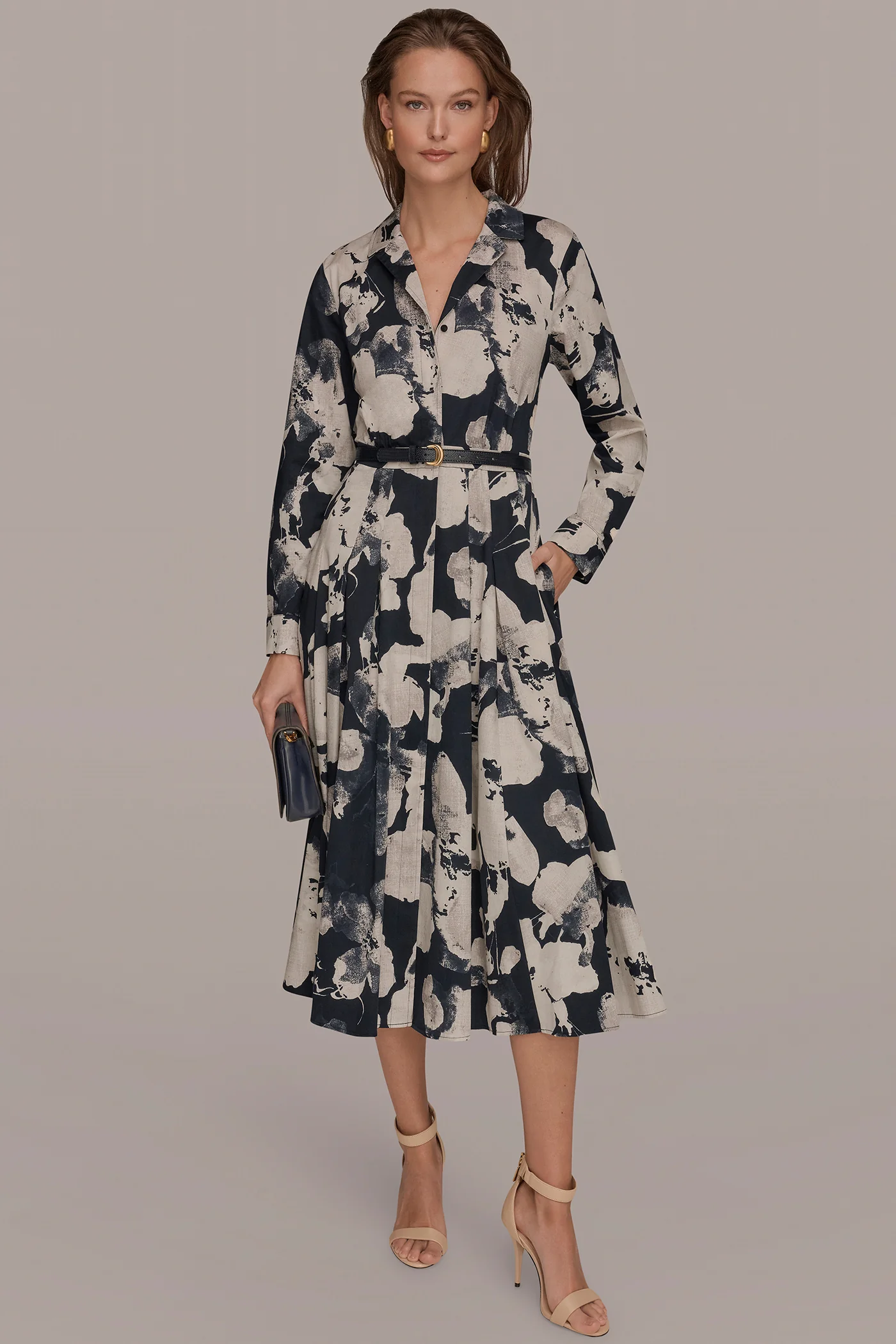 PRINTED LONG-SLEEVE BUTTON-FRONT DRESS - VXVOV