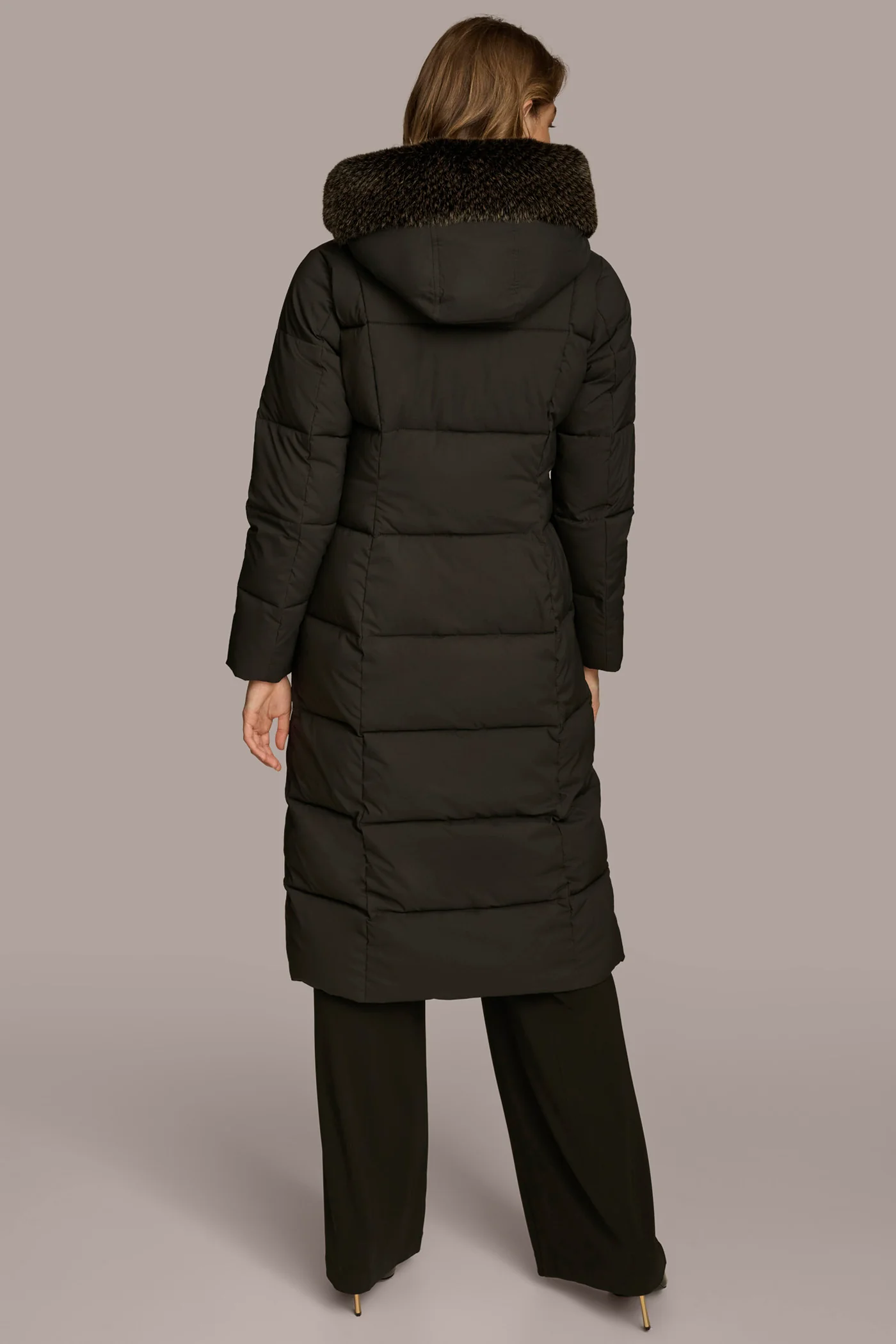 Long Hooded Puffer Coat with Faux Fur Trim - VXVOV