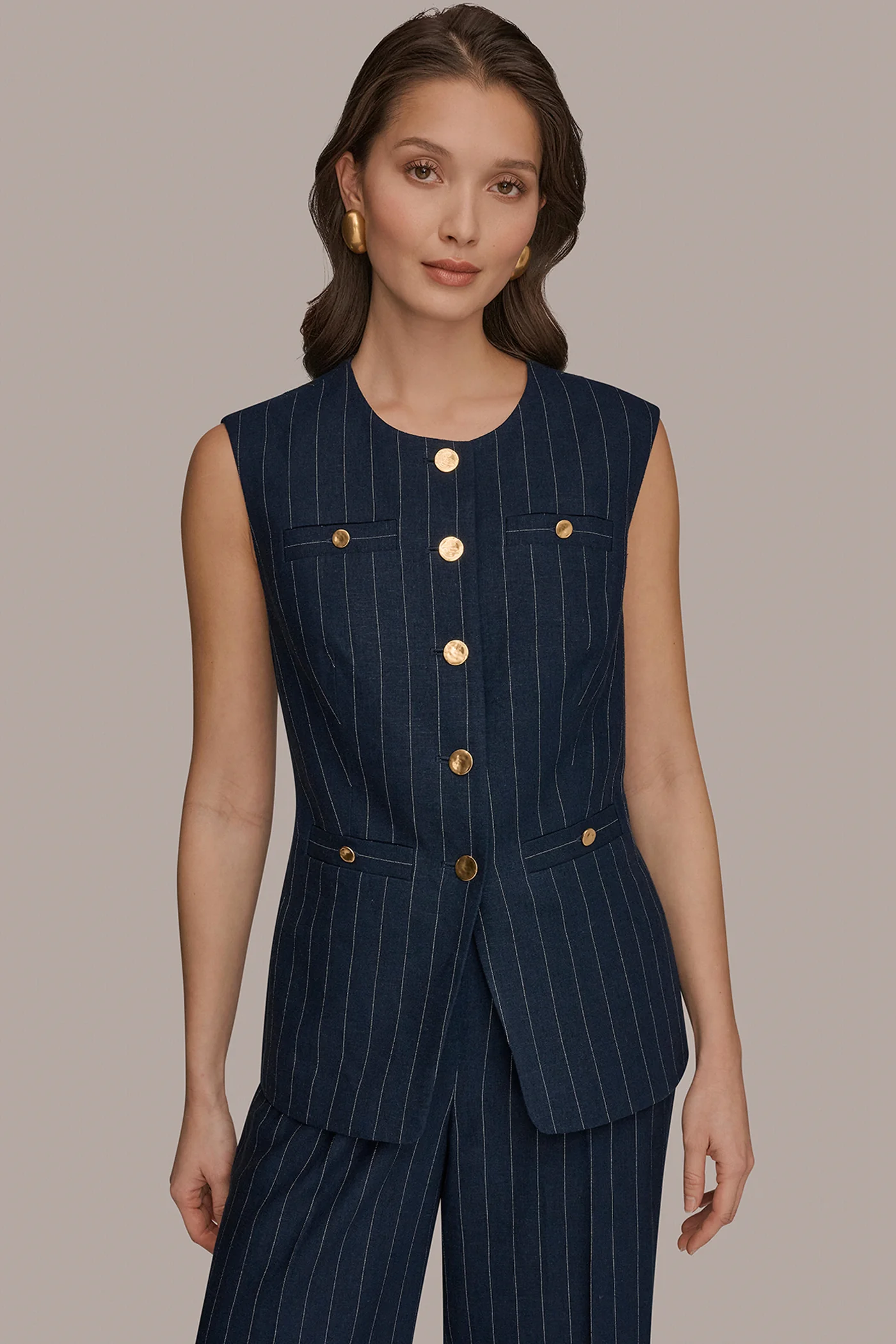 LINEN-BLEND PINSTRIPE LONGLINE VEST - VXVOV