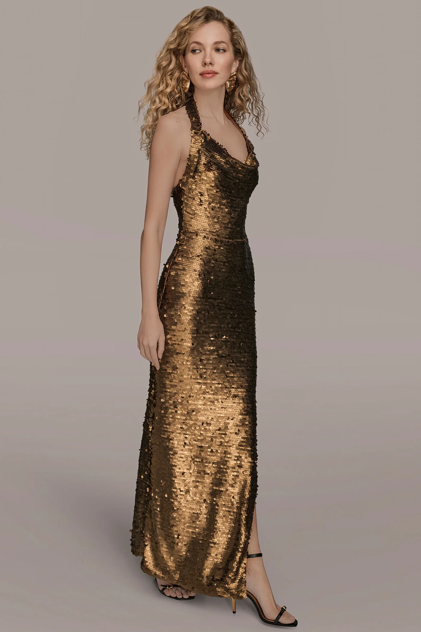 SEQUIN COWL-NECK HALTER SLIP GOWN - VXVOV