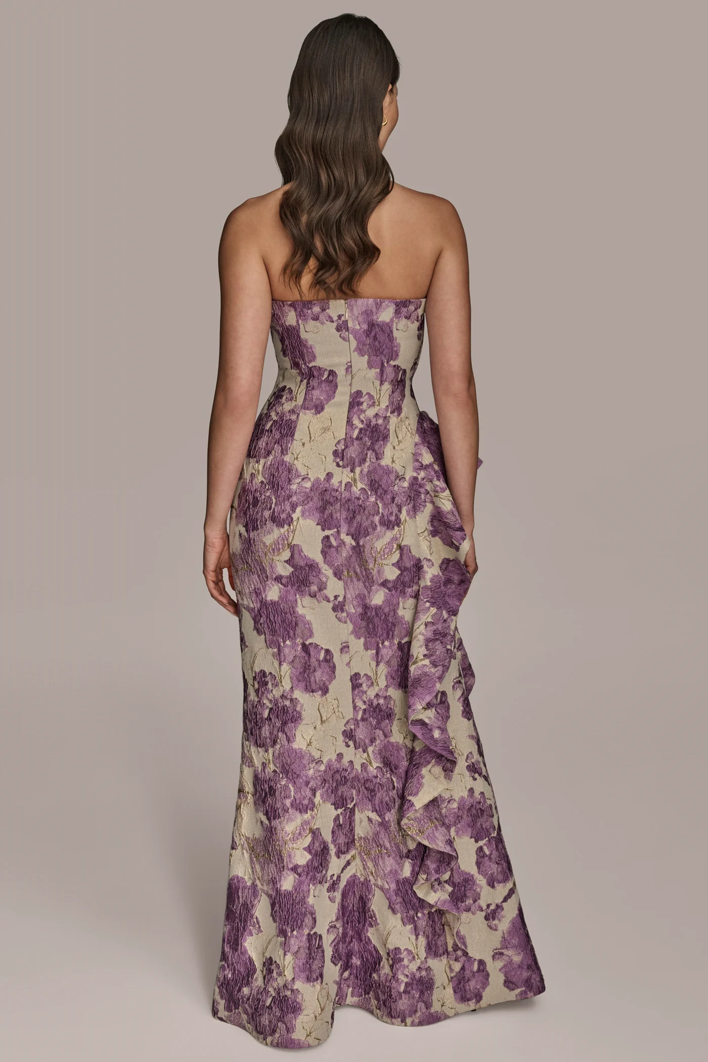 FLORAL BROCADE STRAPLESS RUFFLED GOWN - VXVOV