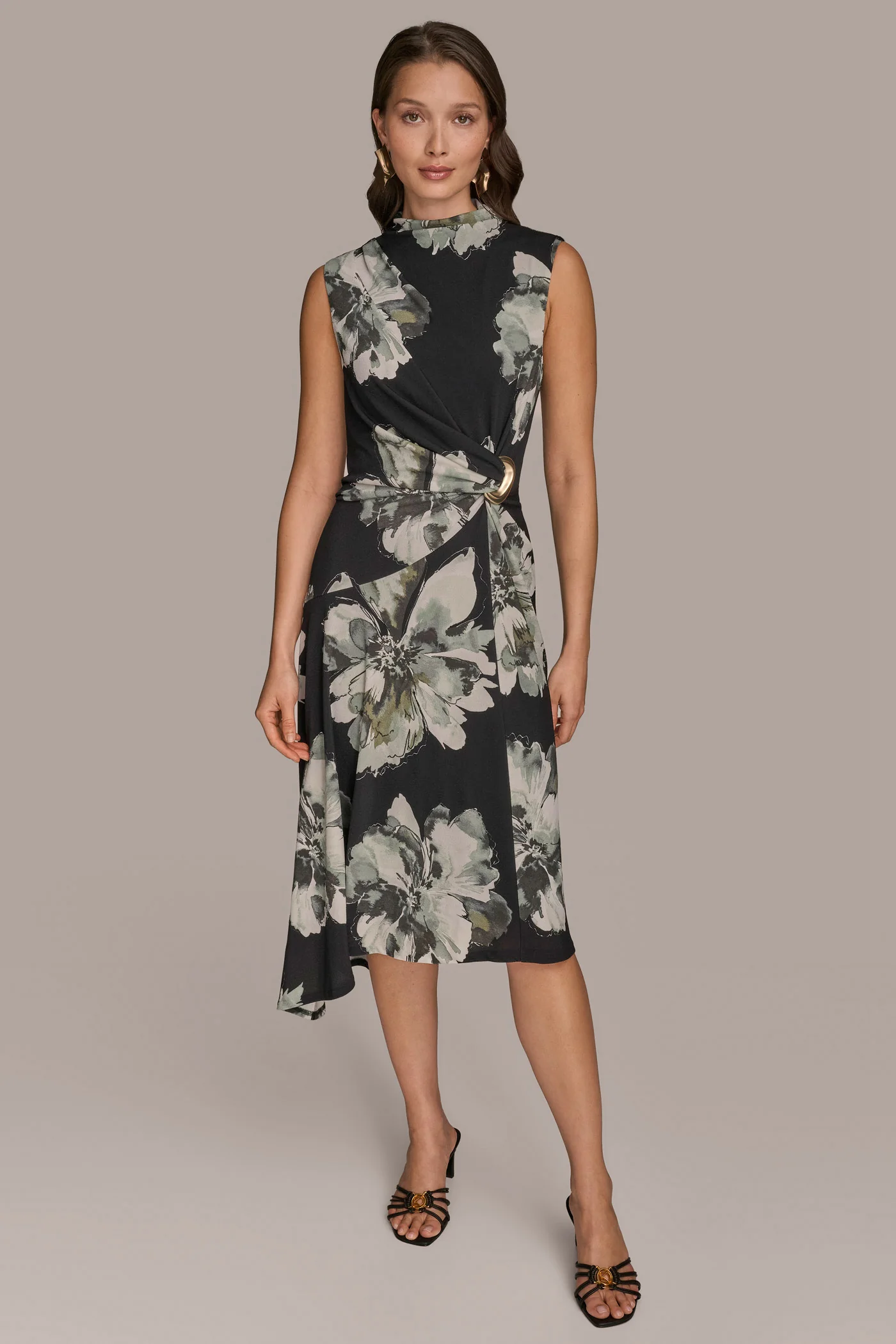 SLEEVELESS FLORAL TWIST ASYMMETRIC DRESS - VXVOV