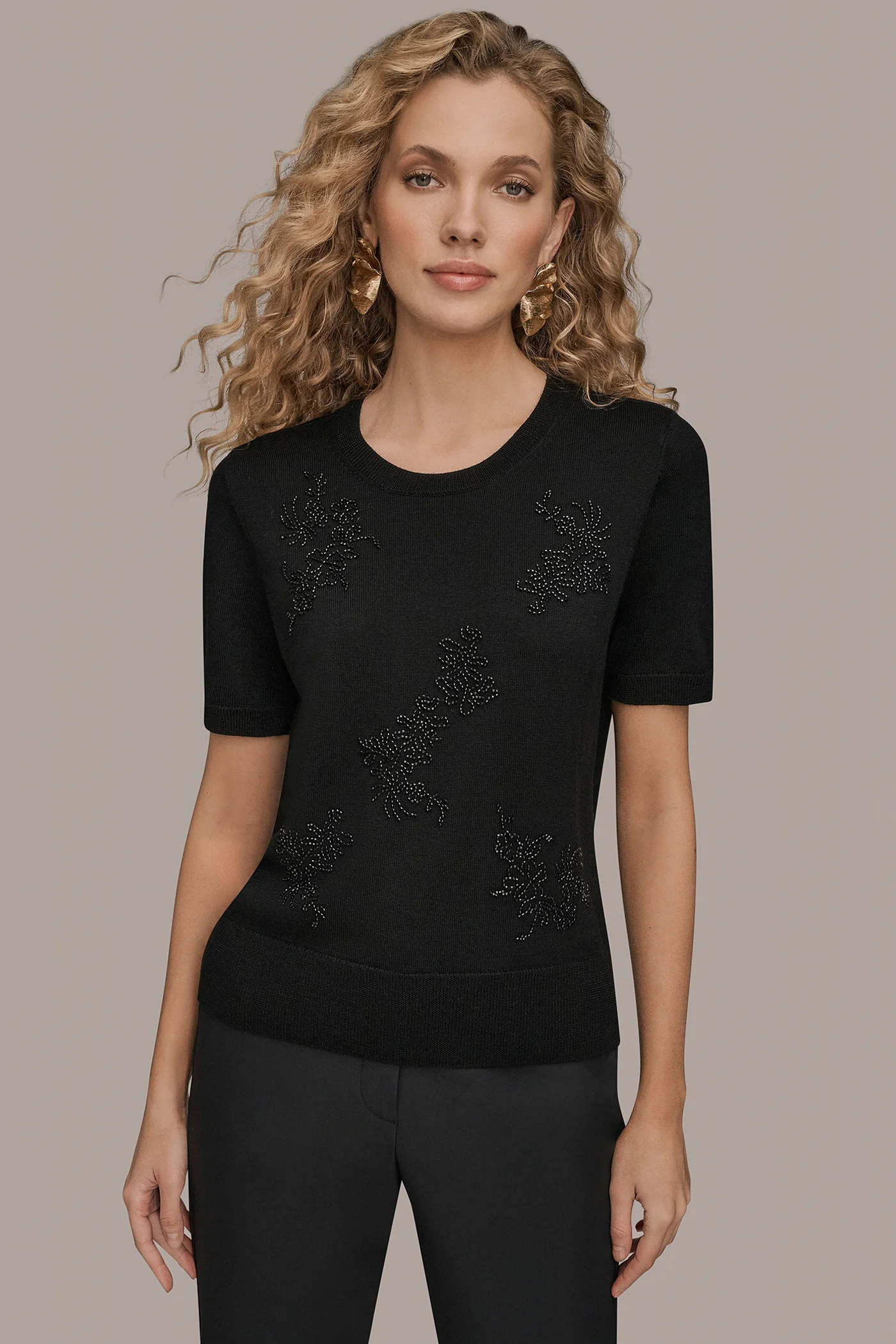 SHORT-SLEEVE FLORAL WOOL SWEATER - VXVOV