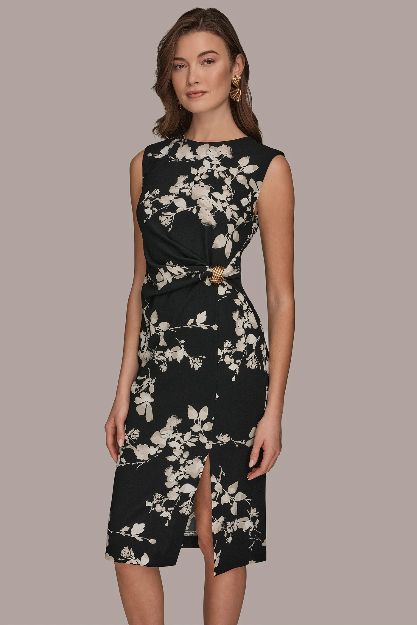 FLORAL SLEEVELESS TWIST-WAIST SHEATH DRESS - VXVOV