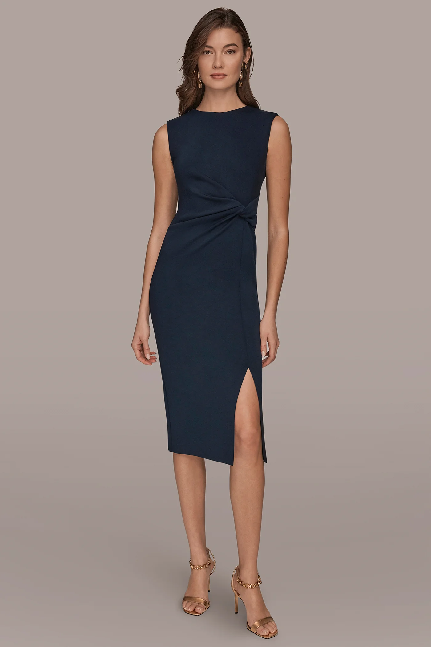 SLEEVELESS CREW-NECK TWIST MIDI SHEATH DRESS - VXVOV