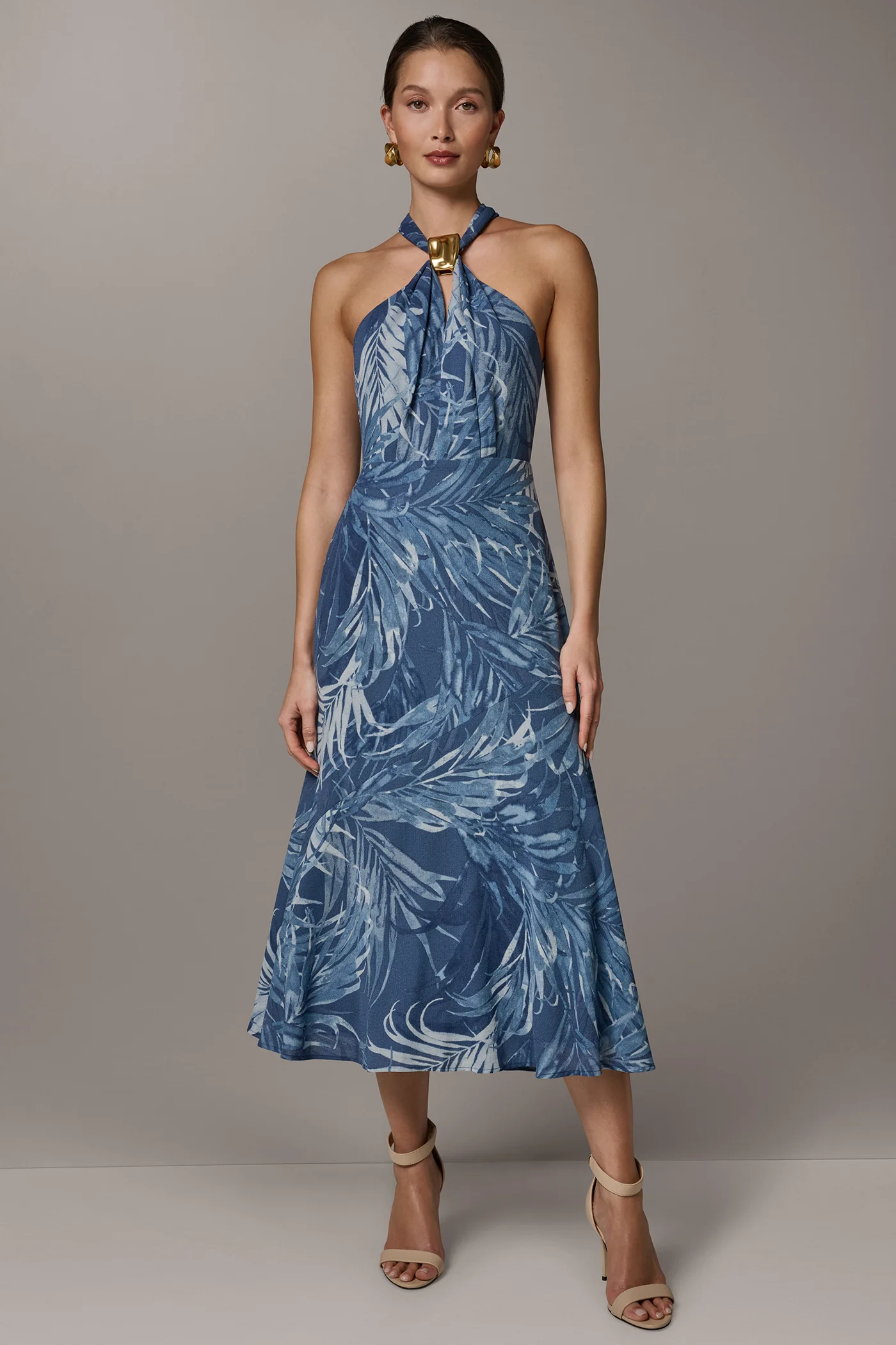 SLEEVELESS PRINT MIDI HALTER DRESS - VXVOV