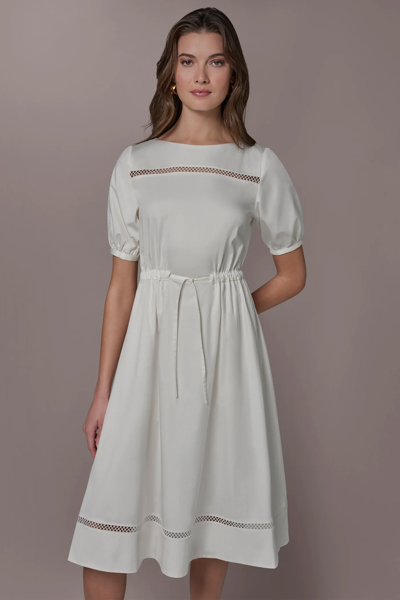 COTTON-SATEEN LATTICE MIDI A-LINE DRESS - VXVOV