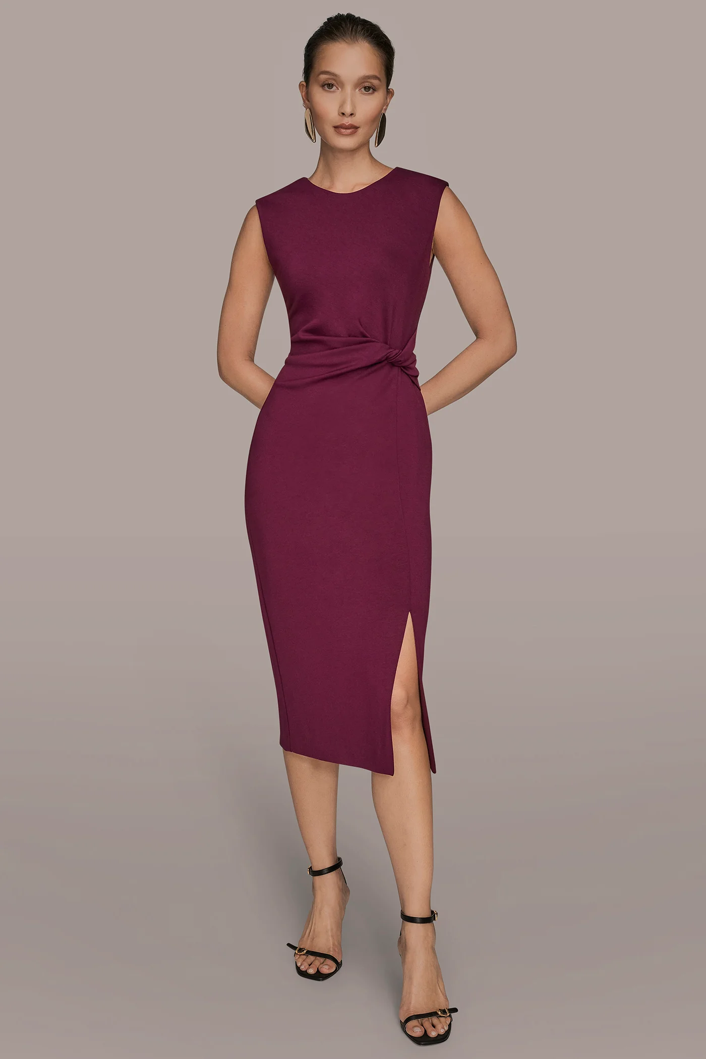 SLEEVELESS CREW-NECK TWIST MIDI SHEATH DRESS - VXVOV