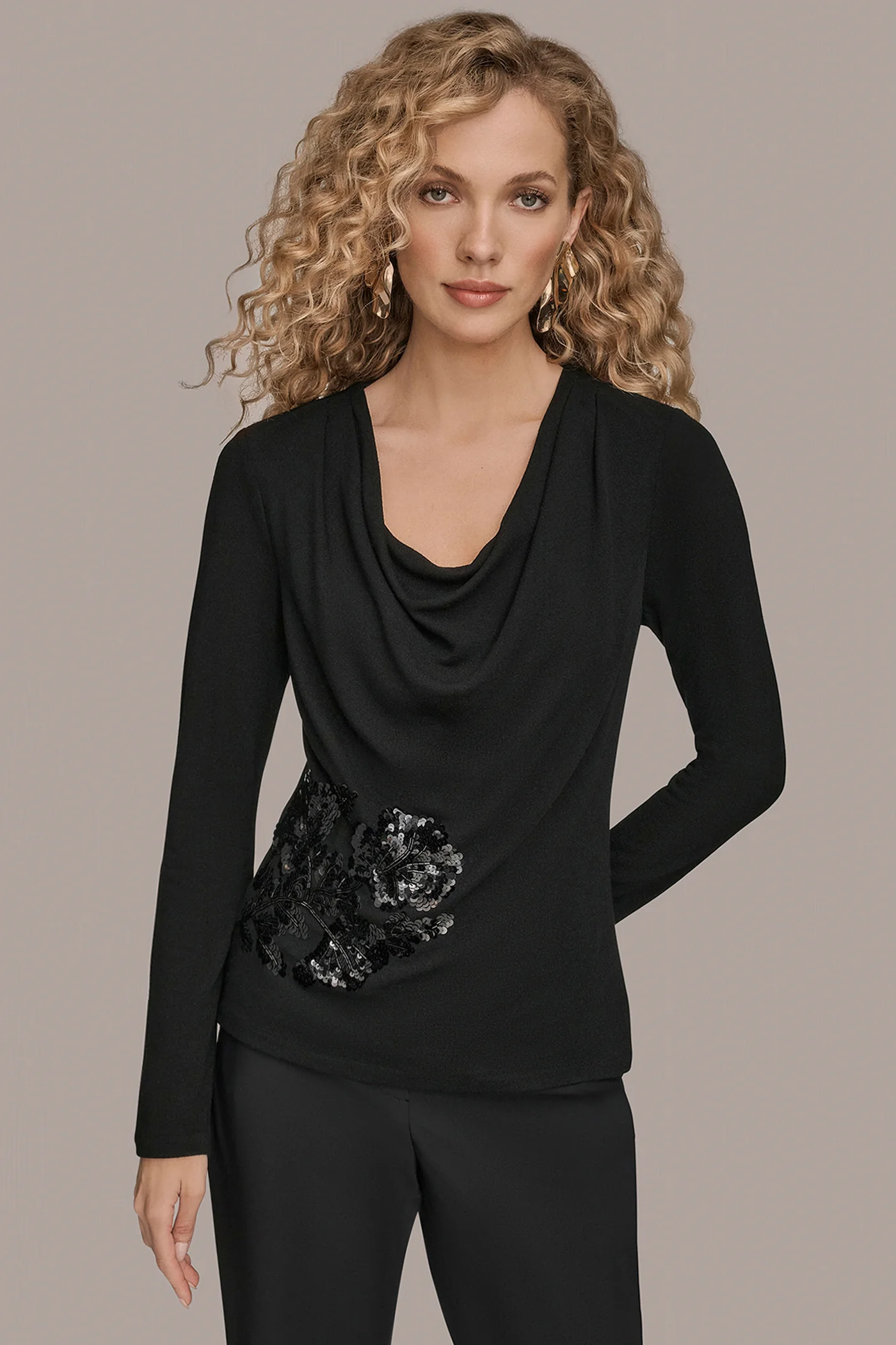 LONG-SLEEVE COWL-NECK FLORAL TOP - VXVOV