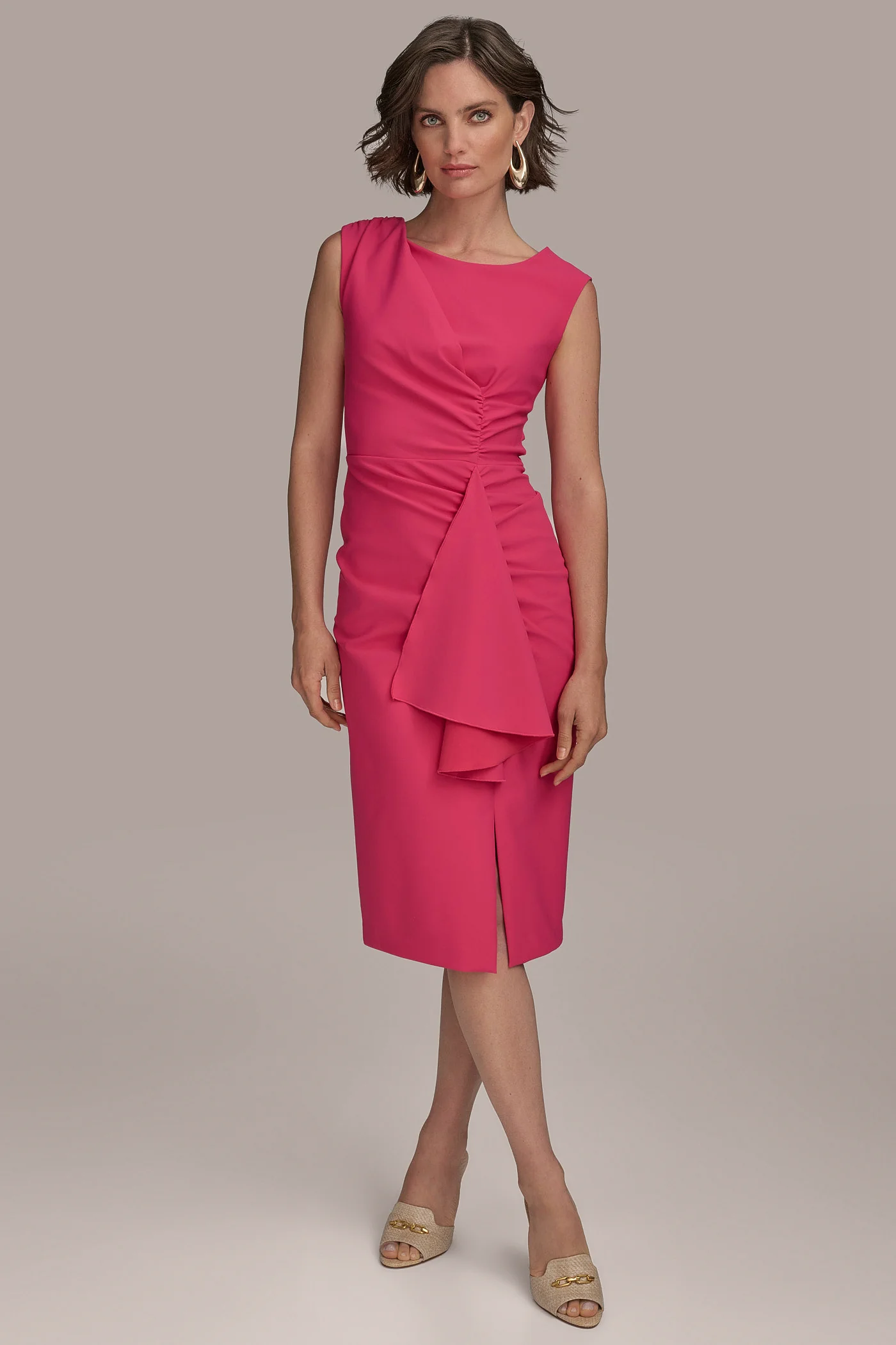 SLEEVELESS CREW-NECK RUFFLE SHEATH DRESS - VXVOV