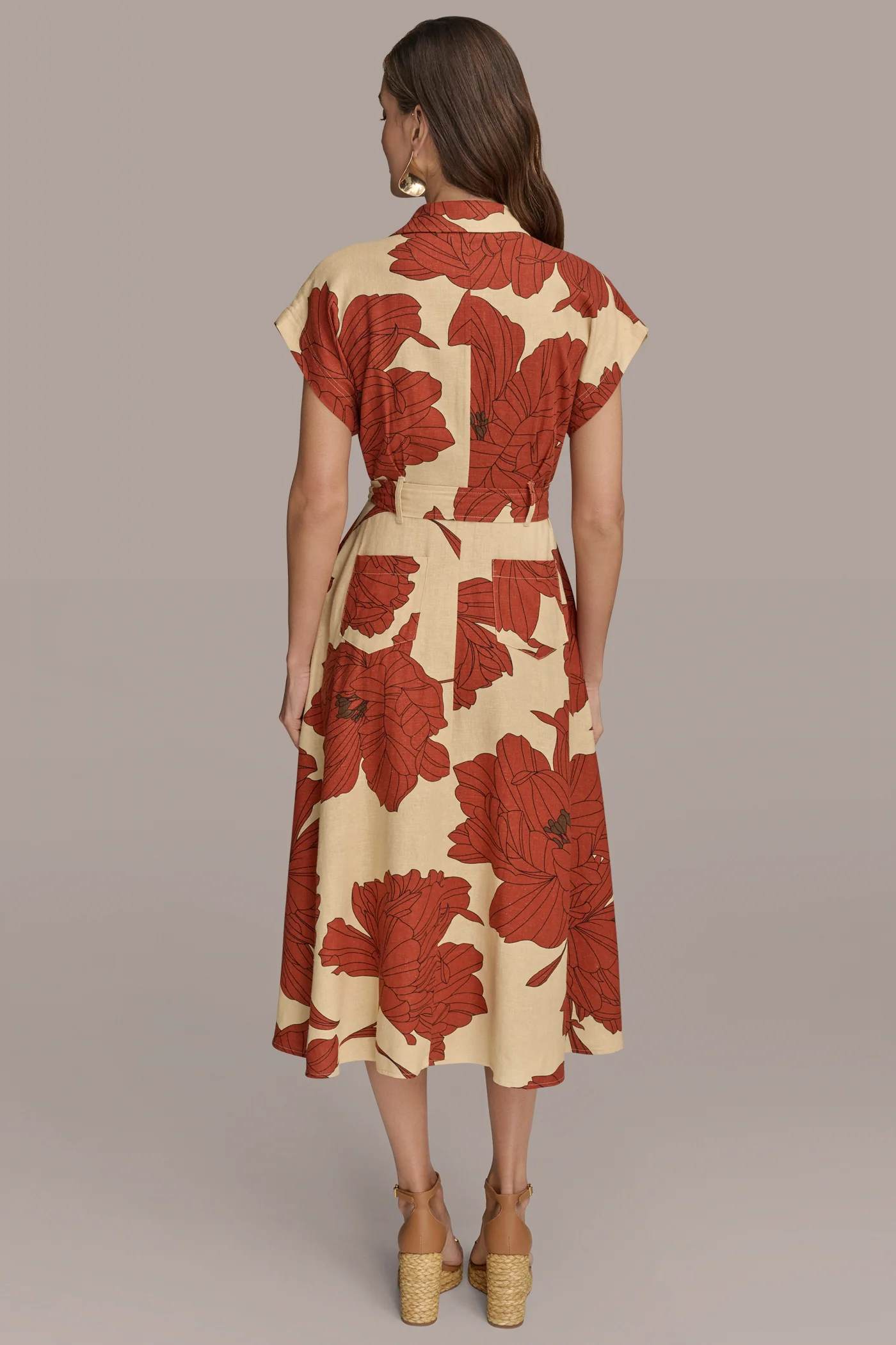 LINEN-BLEND FLORAL MIDI SHIRT DRESS - VXVOV