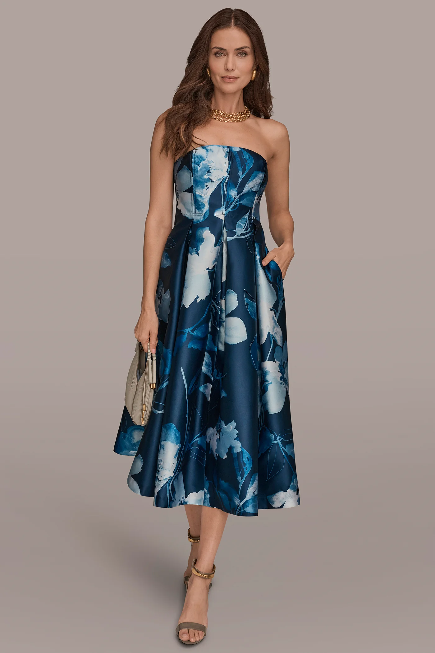 MIKADO STRAPLESS FLORAL MIDI GOWN - VXVOV