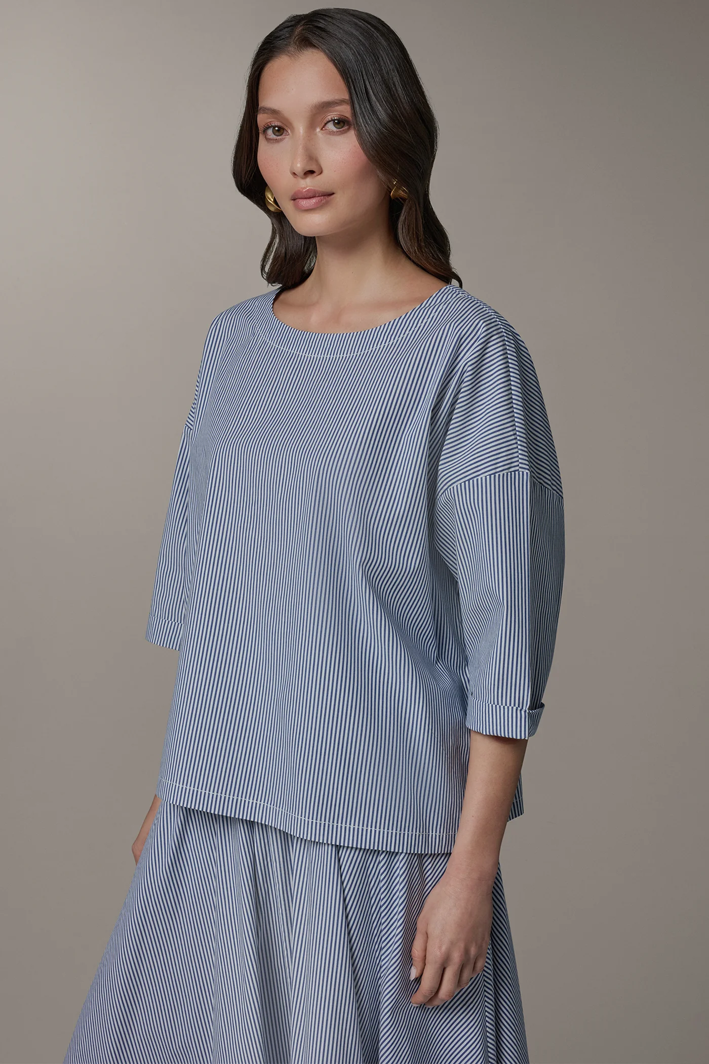 STRIPED 3/4 SLEEVE BOAT NECK BLOUSE - VXVOV