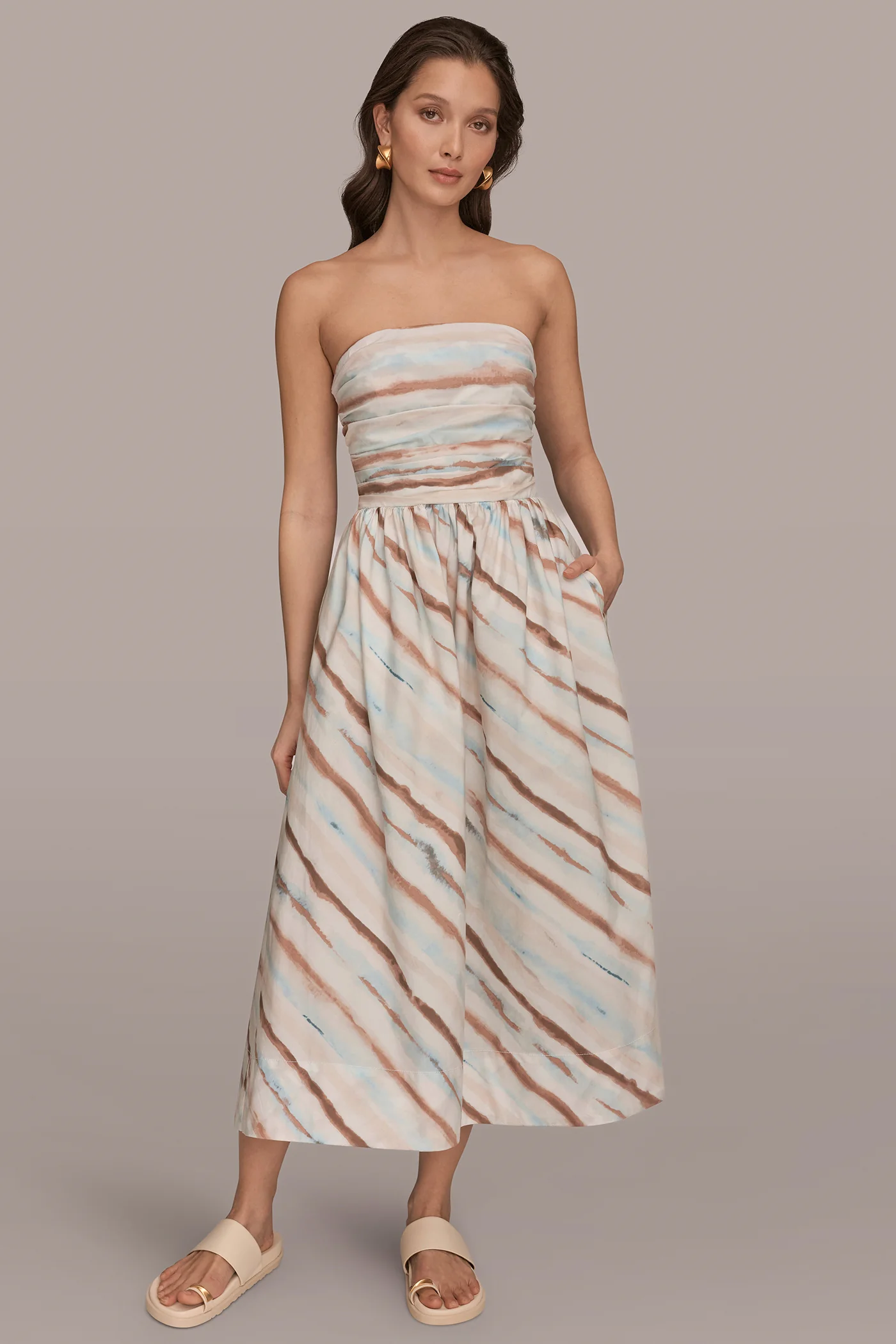 STRETCH COTTON-POPLIN STRAPLESS PRINTED MIDI DRESS - VXVOV