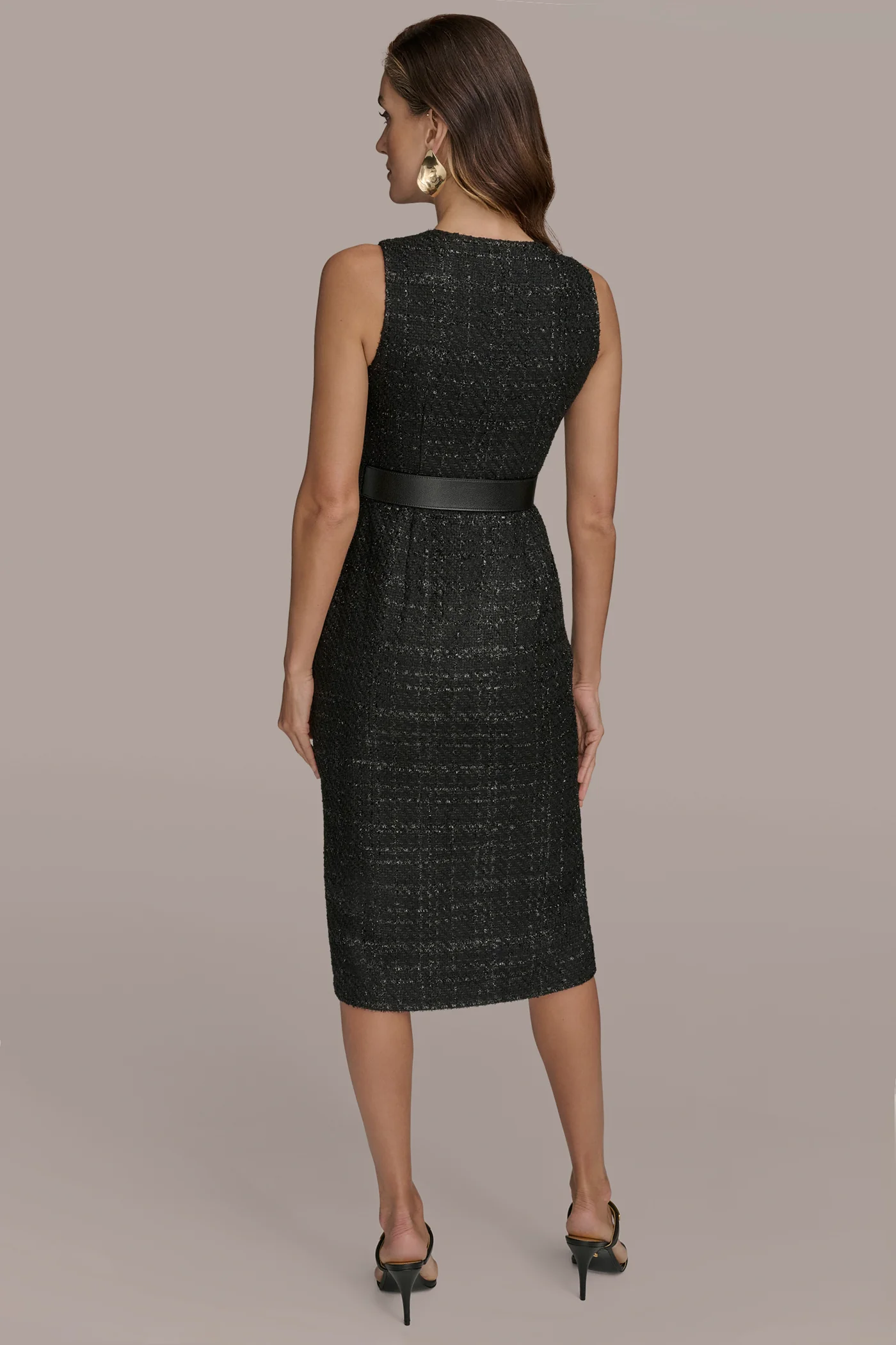 SLEEVELESS METALLIC TWEED MIDI SHEATH DRESS - VXVOV