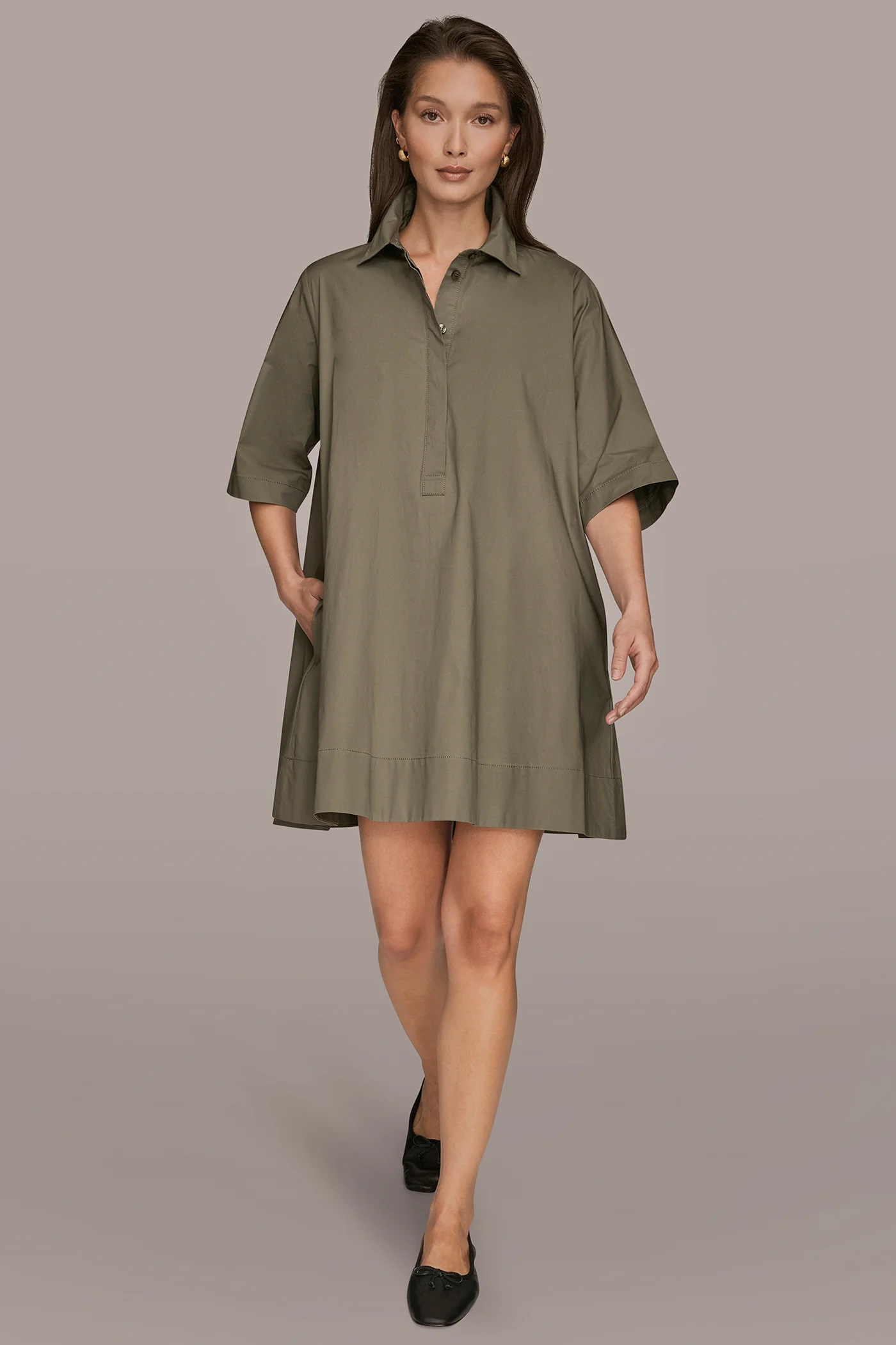 ELBOW-SLEEVE MINI SHIRT DRESS - VXVOV
