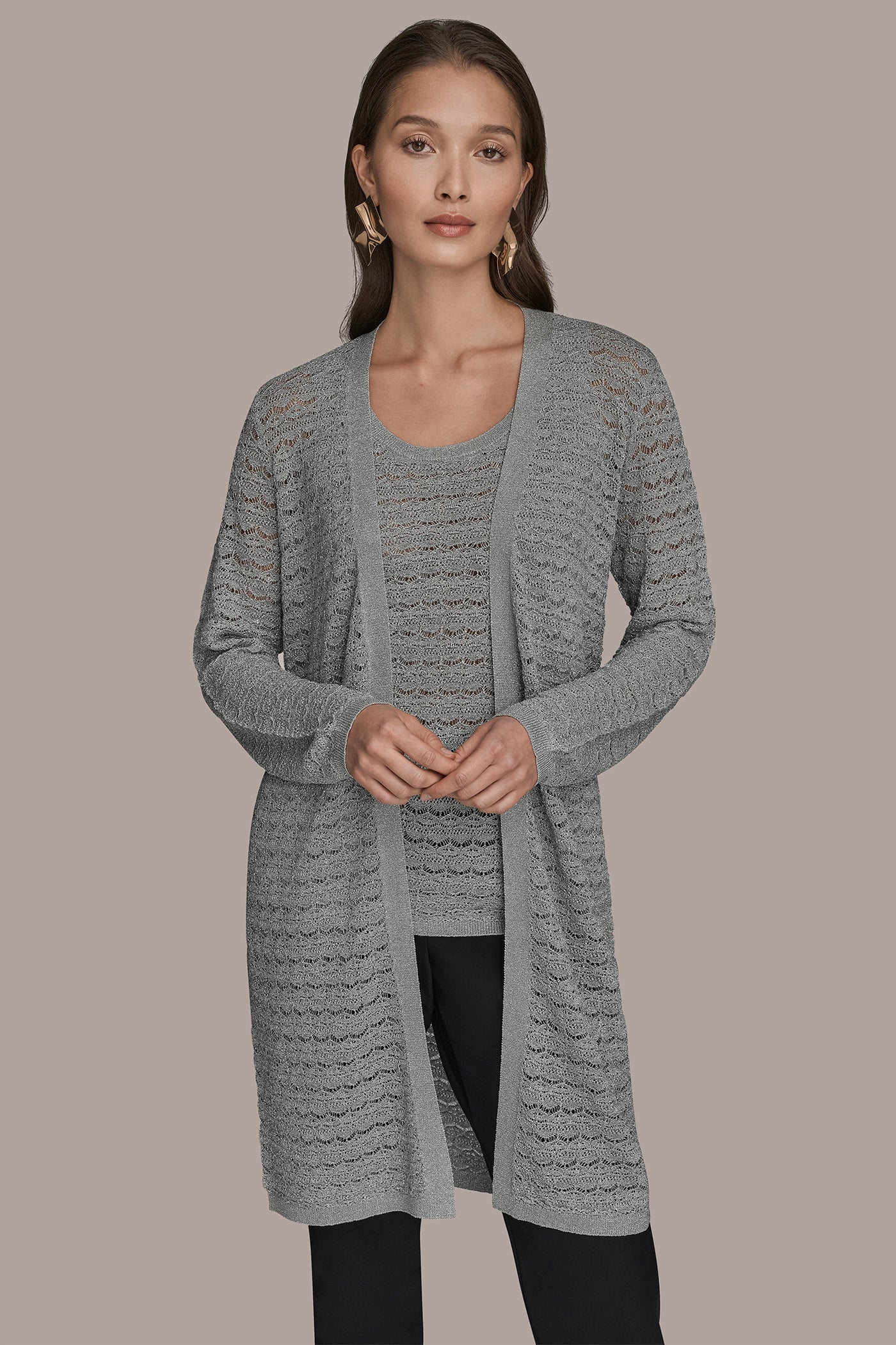 METALLIC POINTELLE LONG OPEN CARDIGAN - VXVOV