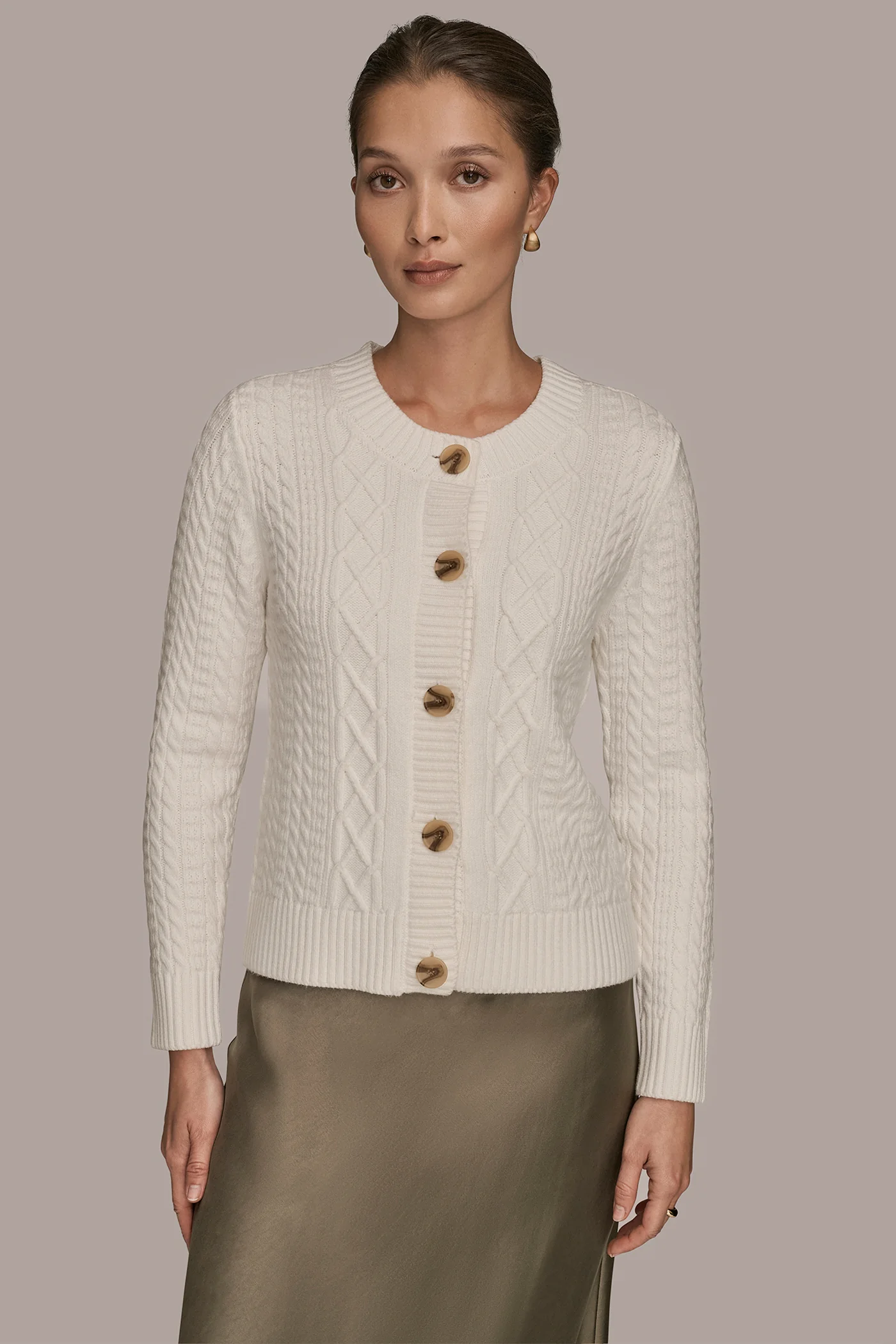 COTTON-BLEND CABLE-KNIT LONG SLEEVE CARDIGAN - VXVOV