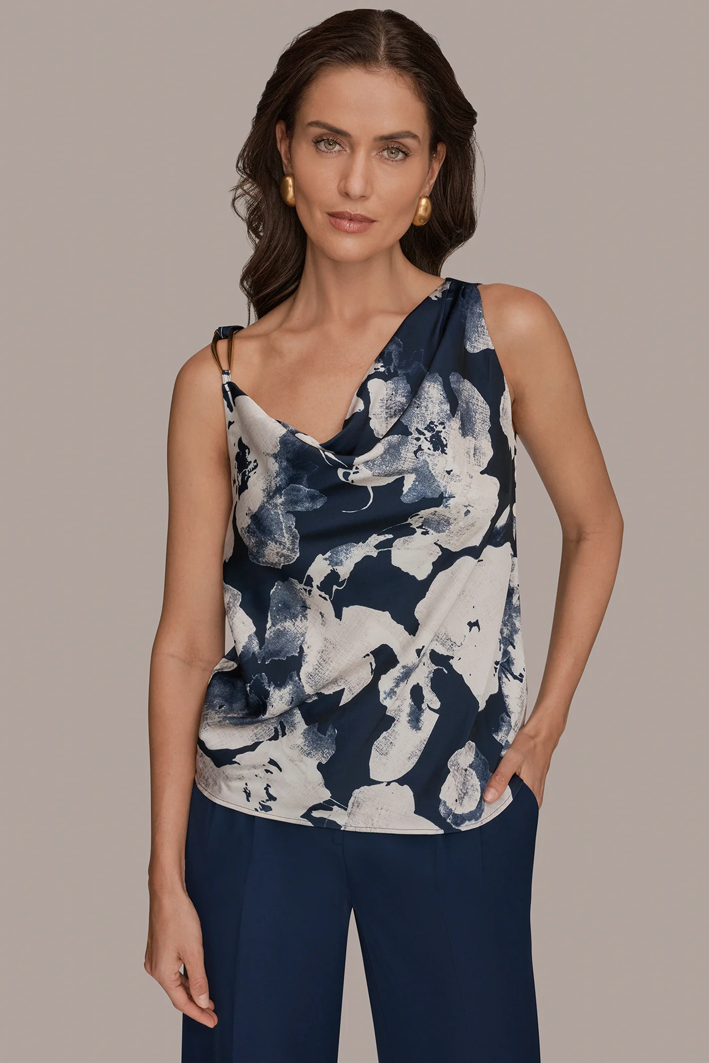 SATIN FLORAL COWL-NECK CUTOUT SHOULDER CAMI - VXVOV