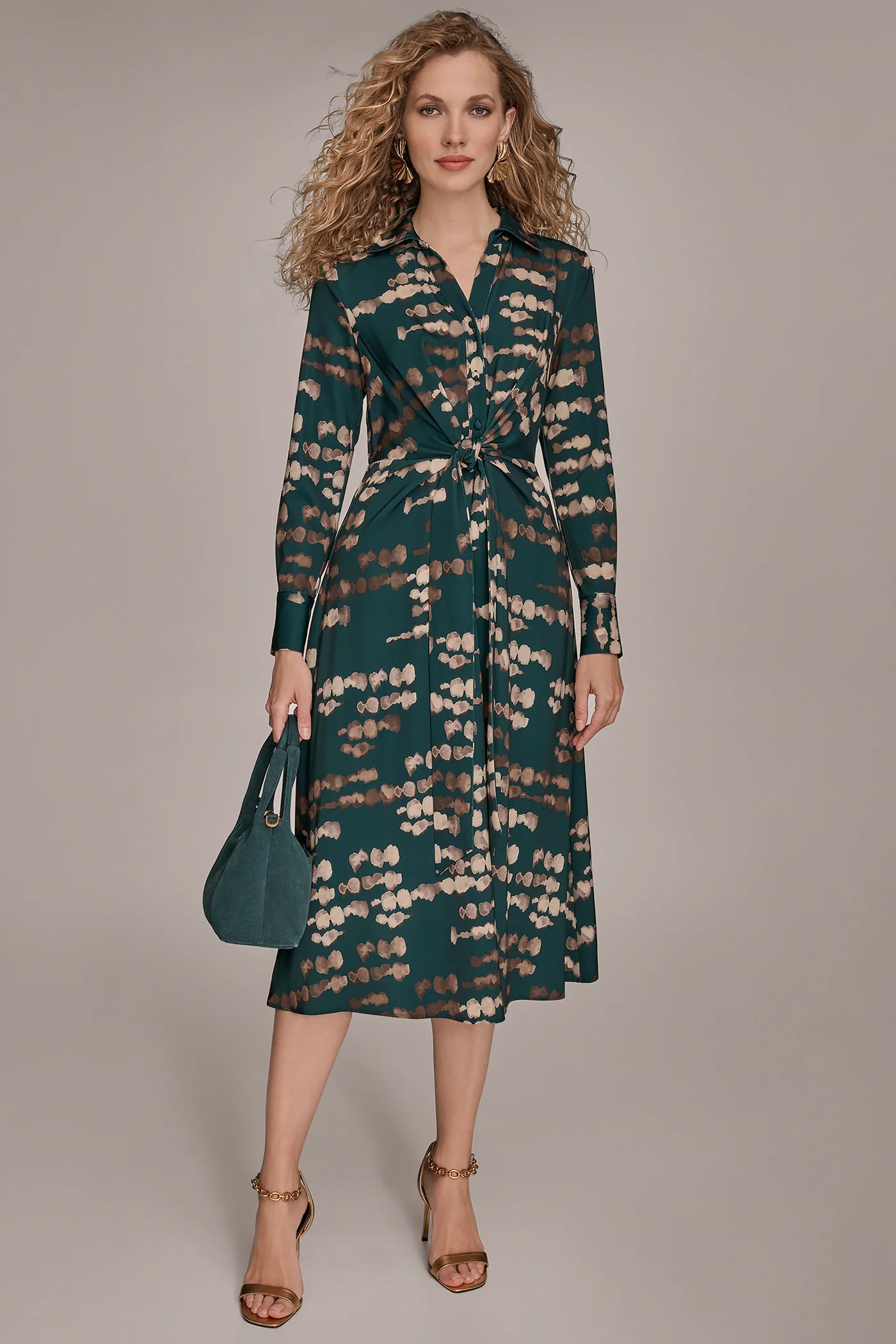 PRINTED SATIN TWIST MIDI SHIRT DRESS - VXVOV