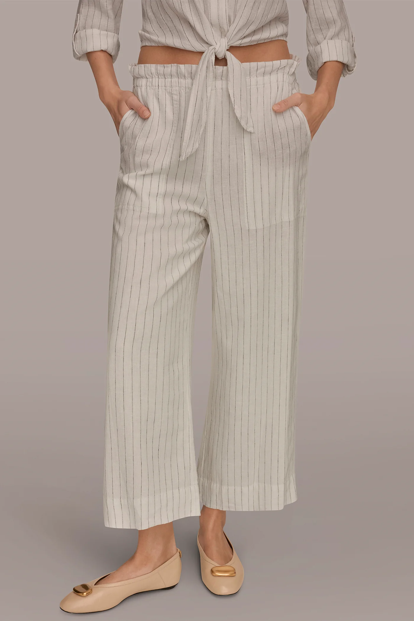 LINEN CROPPED HIGH-RISE PINSTRIPED PAPERBAG PANT - VXVOV