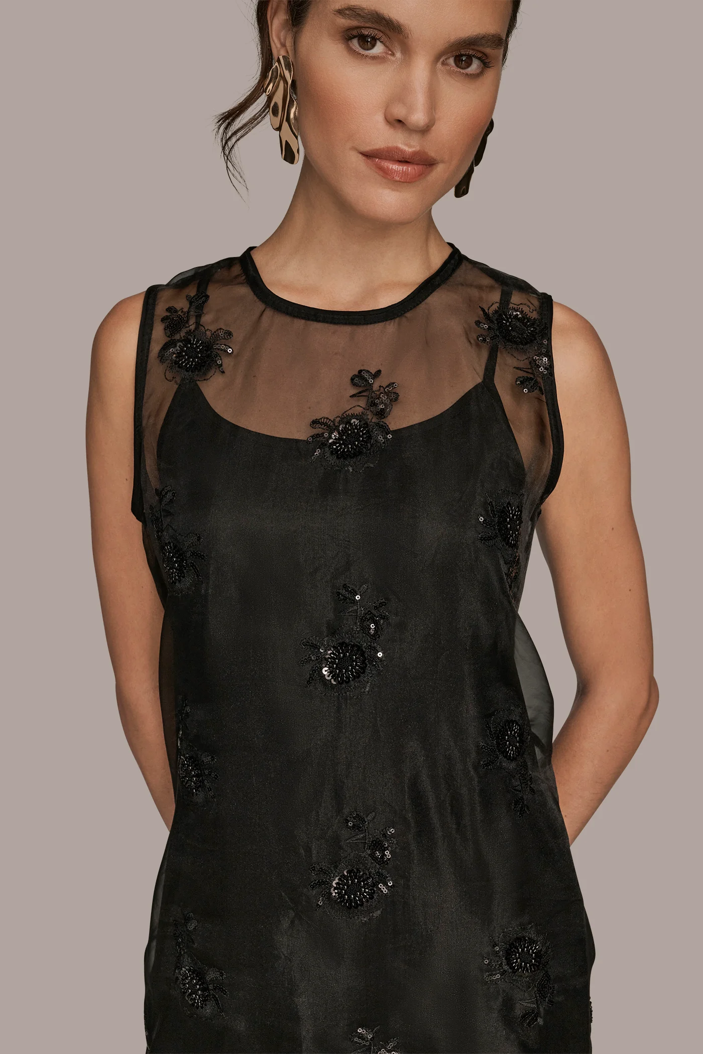LAYERED FLORAL BEAD MIDI SHEATH DRESS - VXVOV