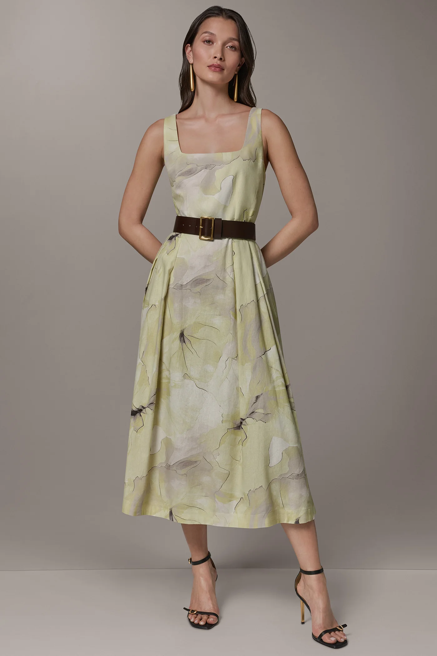 SLEEVELESS SQUARE NECK PRINTED BELTED MIDI FIT AND FLARE DRESS - VXVOV