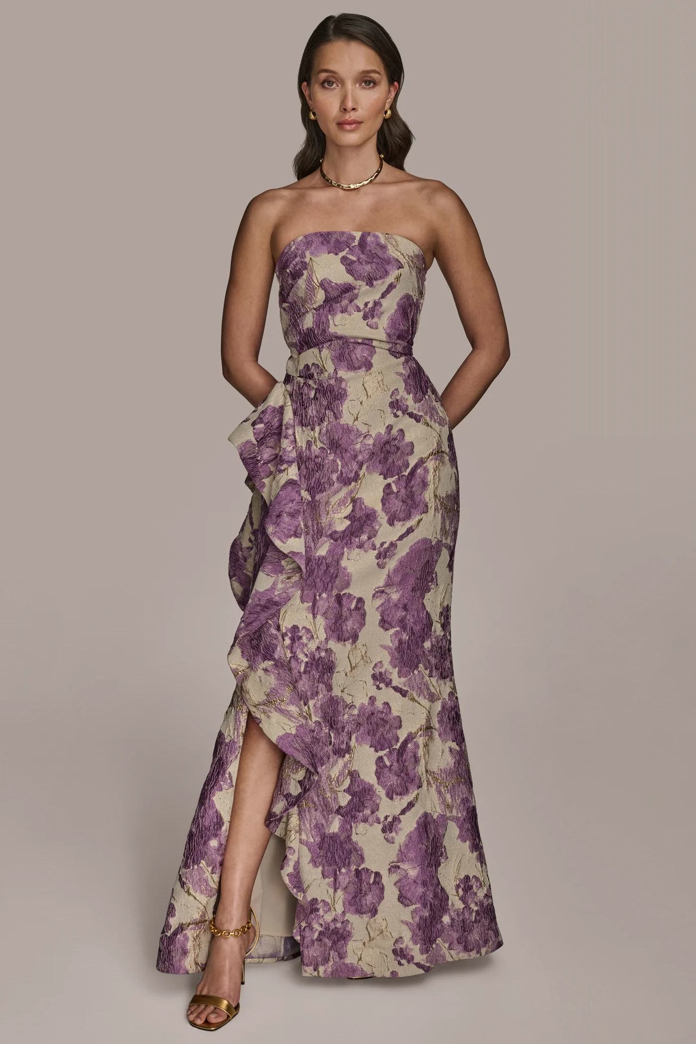 FLORAL BROCADE STRAPLESS RUFFLED GOWN - VXVOV