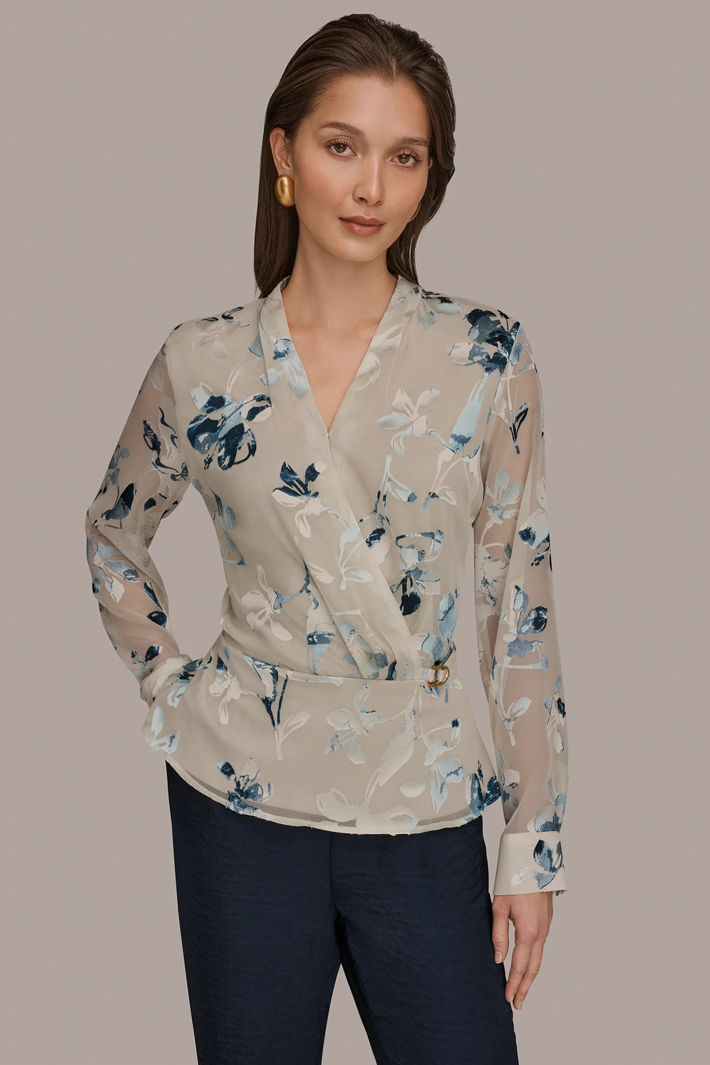LONG SLEEVE BURNOUT FOIL WRAP BLOUSE - VXVOV