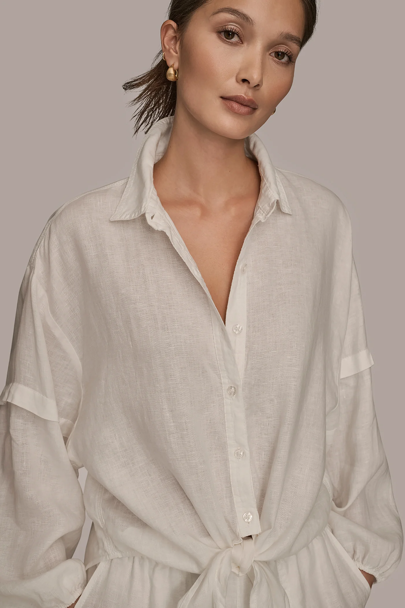 LINEN BLOUSON SLEEVE TIE-FRONT SHIRT - VXVOV