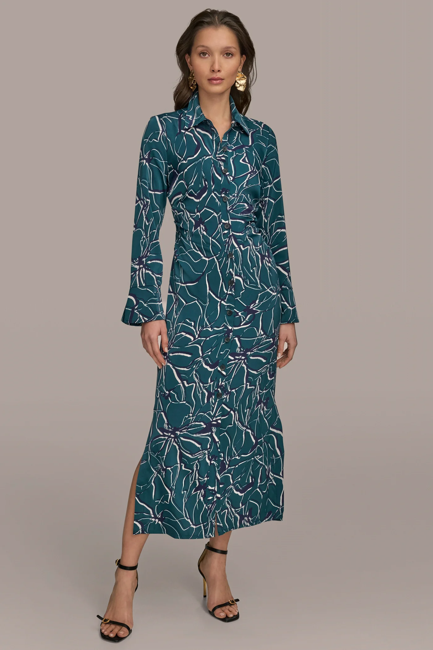 BELL SLEEVE SATIN FLORAL MIDI SHIRT DRESS - VXVOV