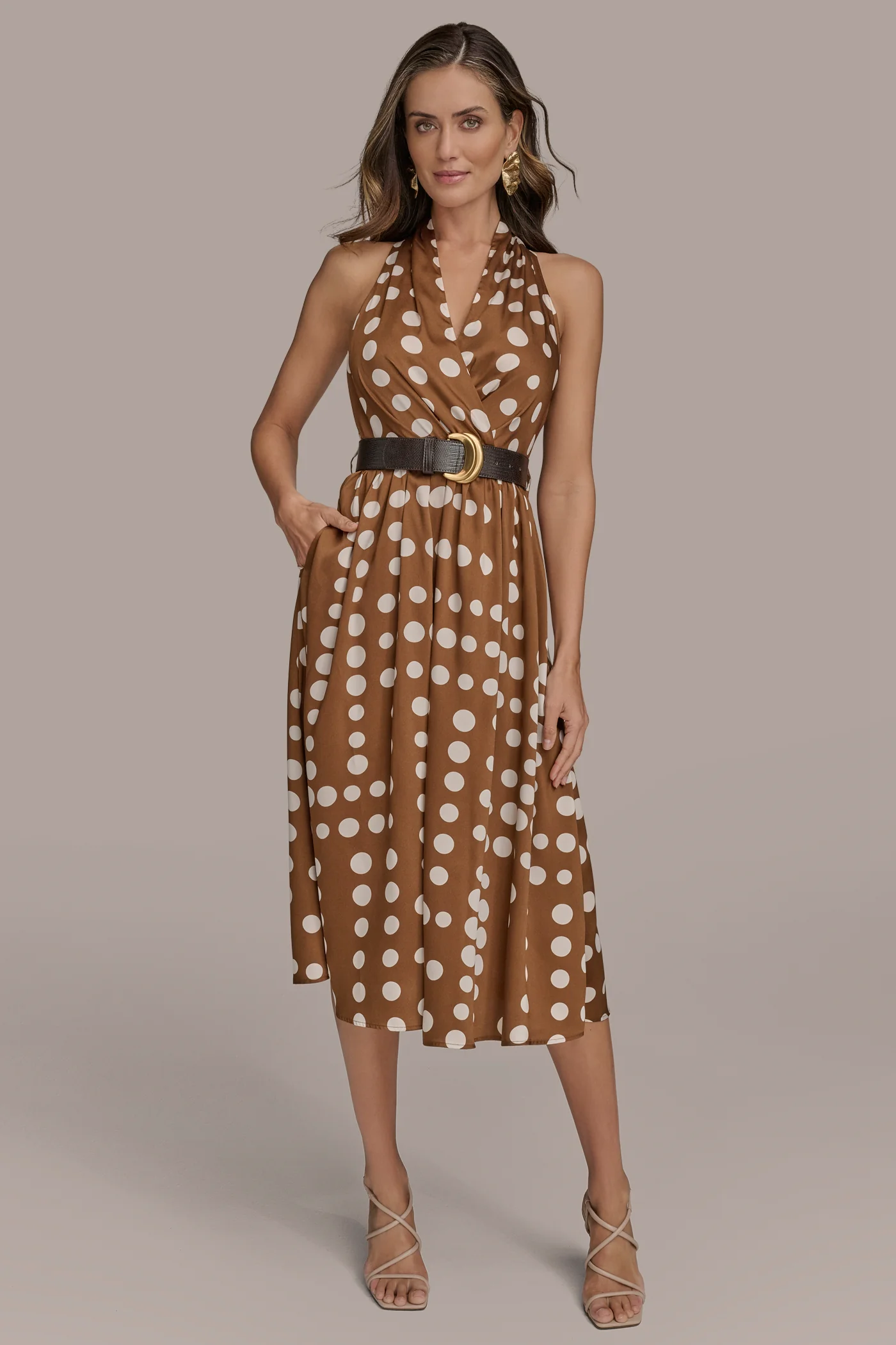 POLKA-DOT WRAP MIDI HALTER DRESS - VXVOV