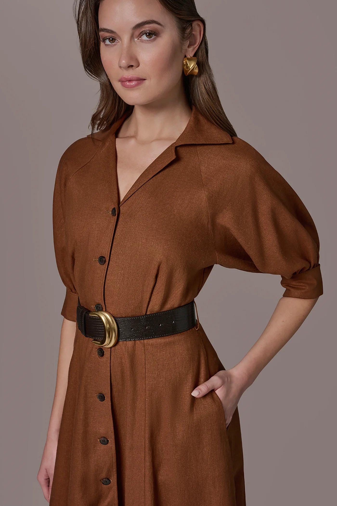 LINEN-BLEND MIDI SHIRT DRESS - VXVOV