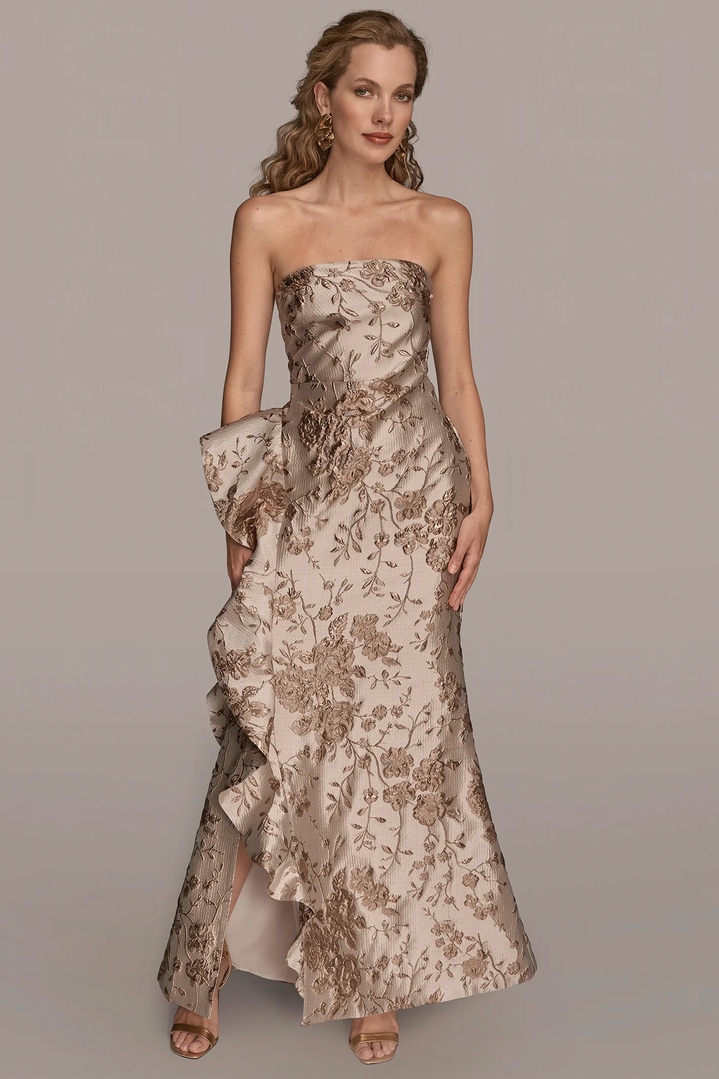 FLORAL-JACQUARD RUFFLE CASCADING GOWN - VXVOV