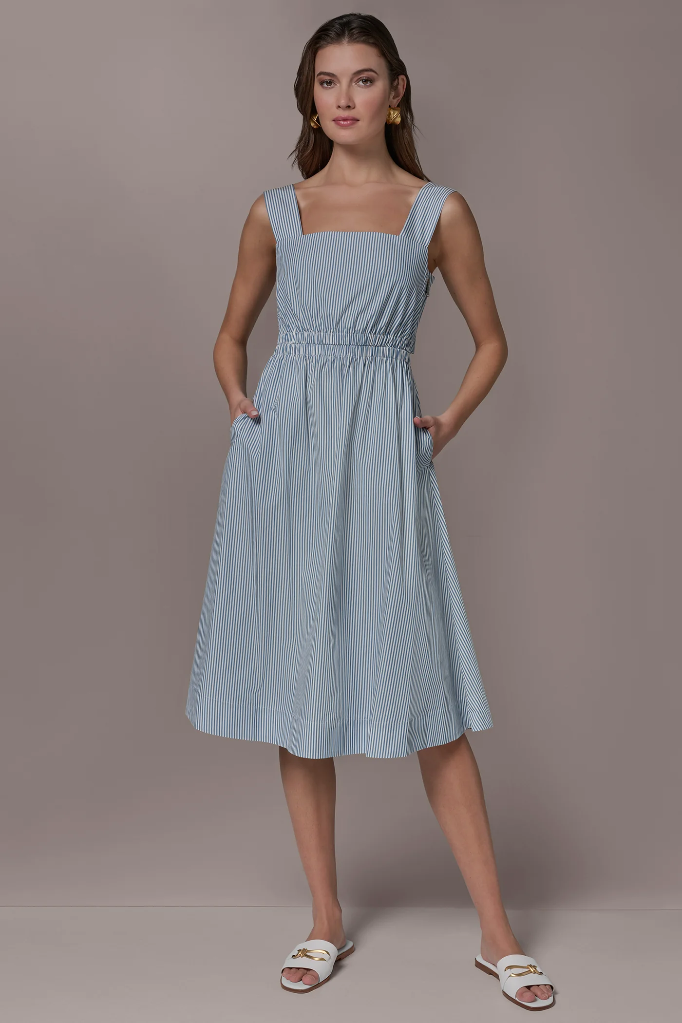 COTTON-POPLIN STRIPE CUTOUT MIDI DRESS - VXVOV