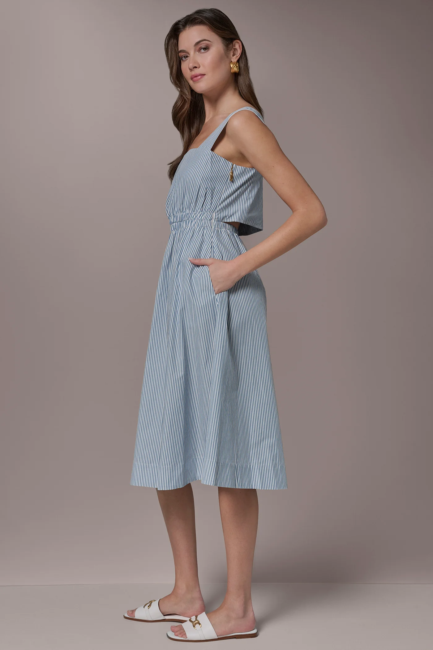 COTTON-POPLIN STRIPE CUTOUT MIDI DRESS - VXVOV