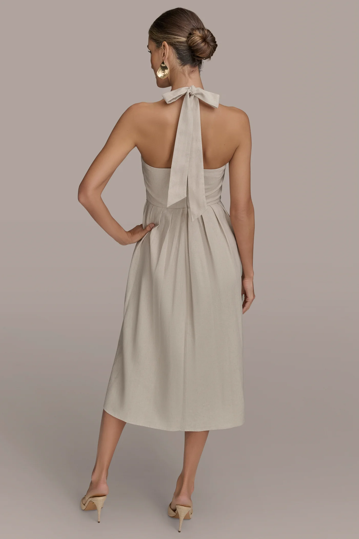 LINEN-BLEND SQUARE-NECK MIDI HALTER DRESS - VXVOV