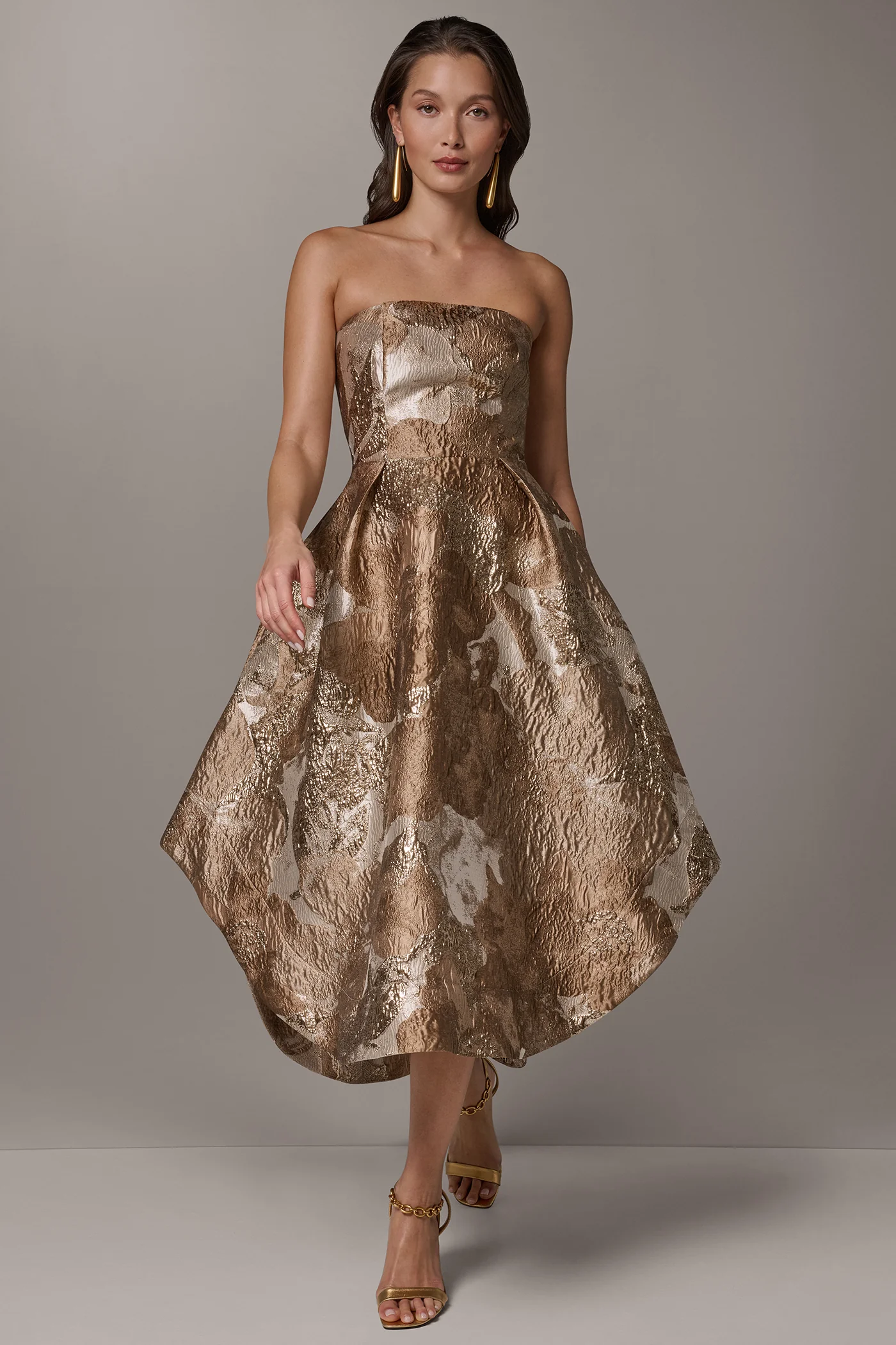 BROCADE STRAPLESS PLEATED MIDI GOWN - VXVOV