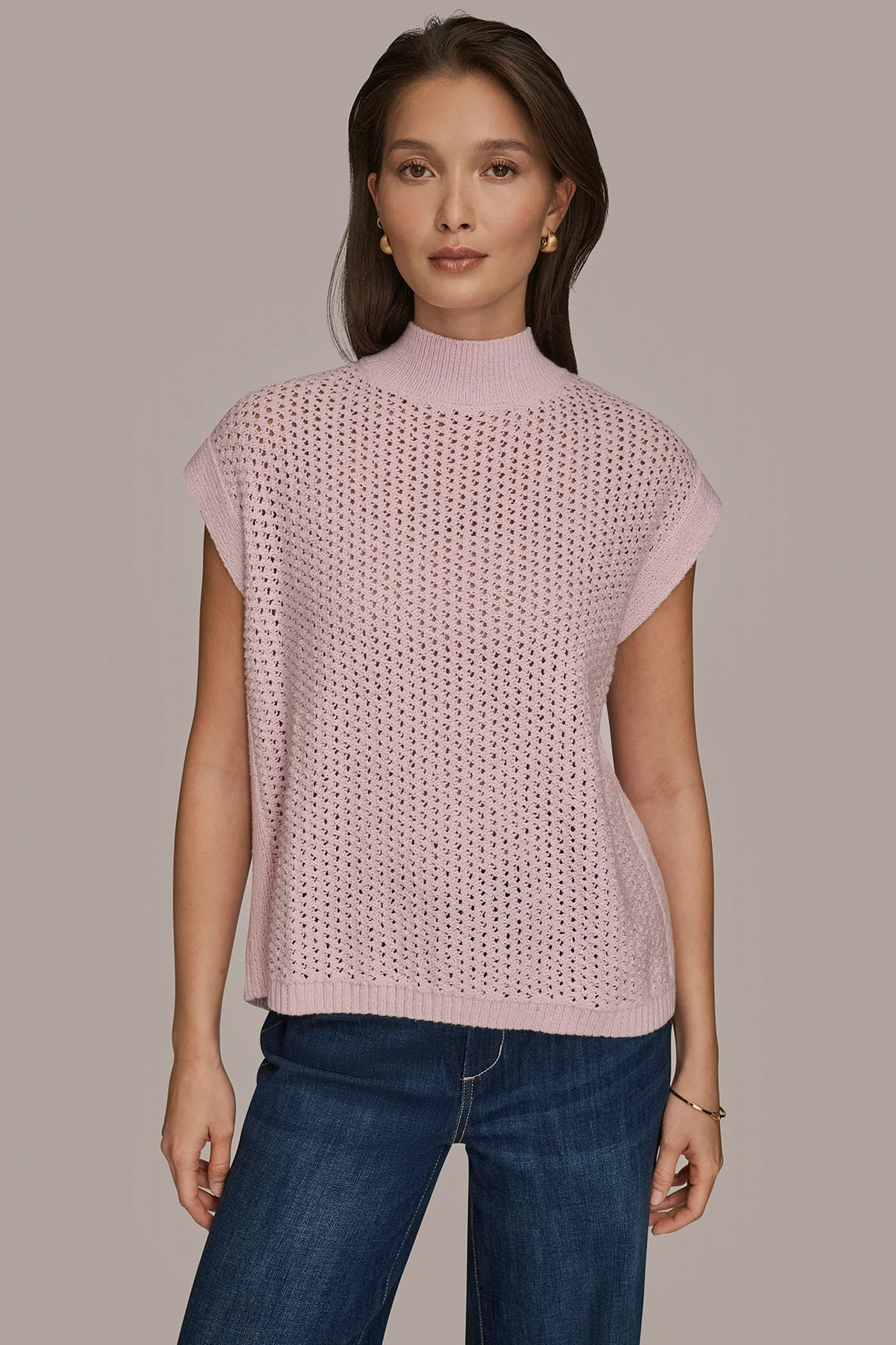 SLEEVELESS MOCK-NECK OPEN STITCH SWEATER - VXVOV