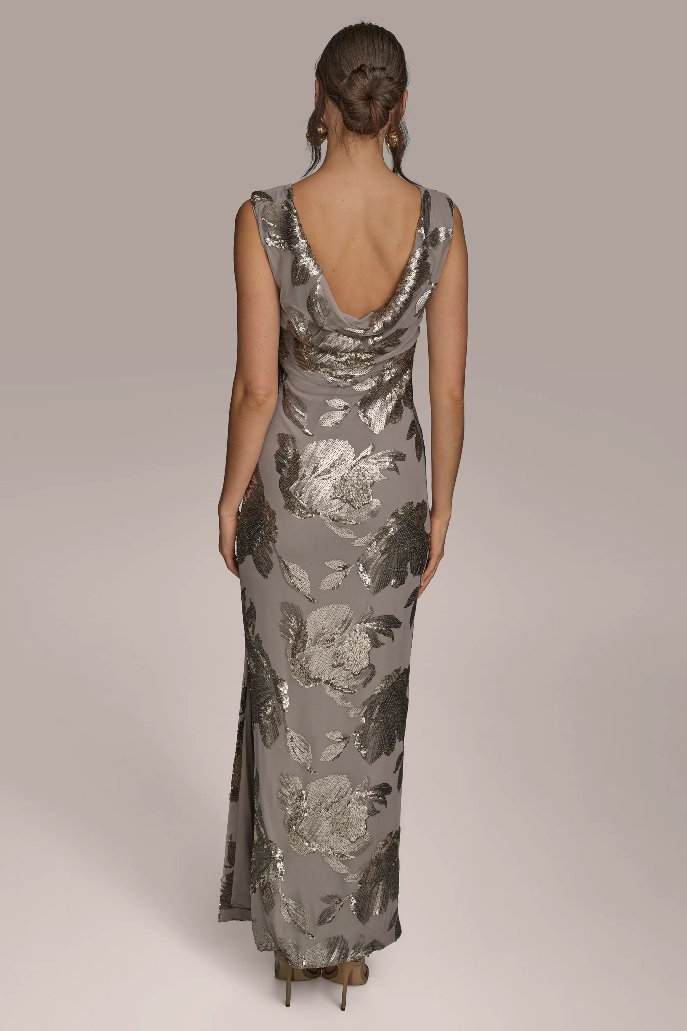 SLEEVELESS FLORAL SEQUIN COWL-BACK GOWN - VXVOV