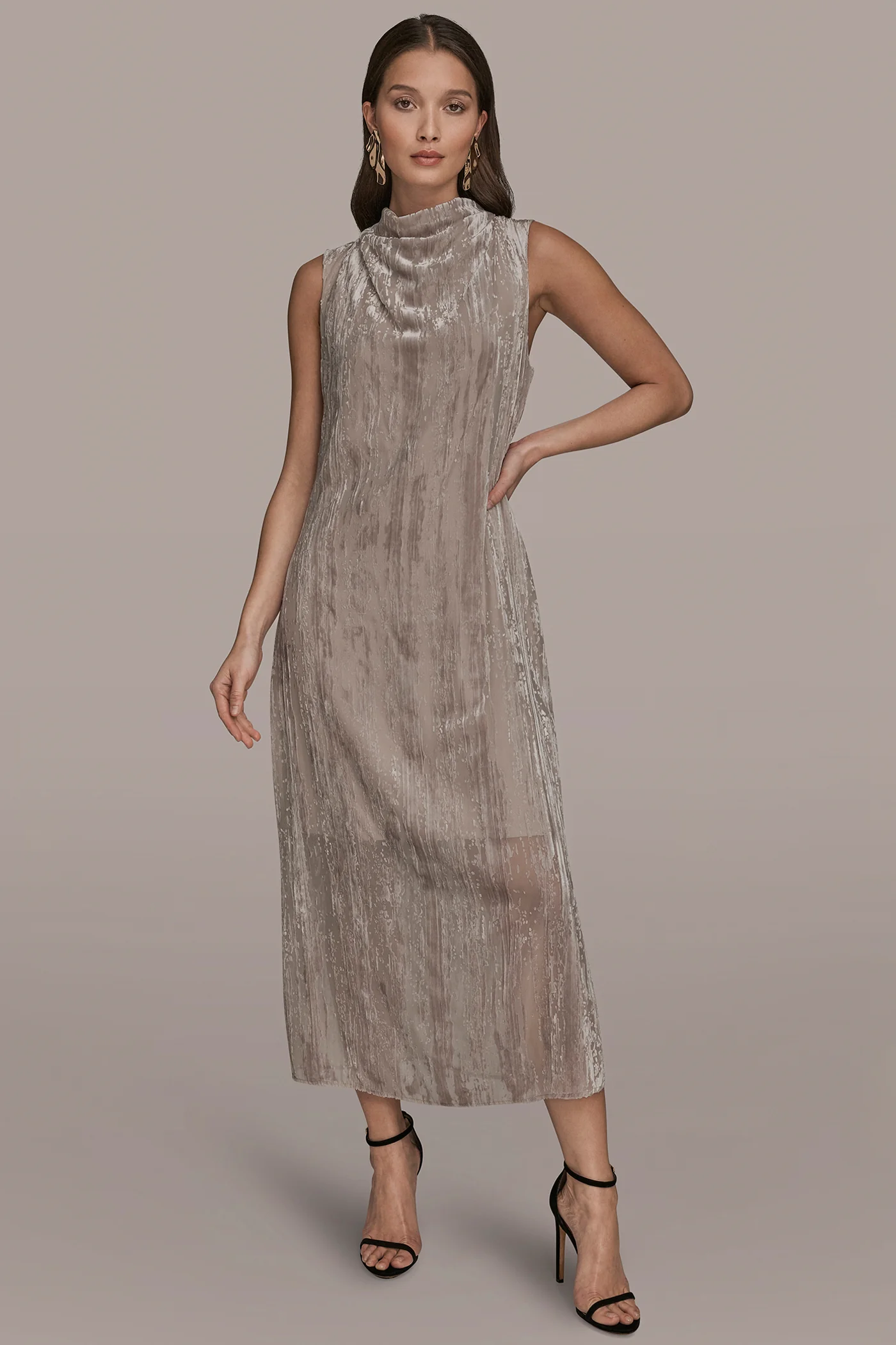 SLEEVELESS COWL-NECK BURNOUT MIDI DRESS - VXVOV