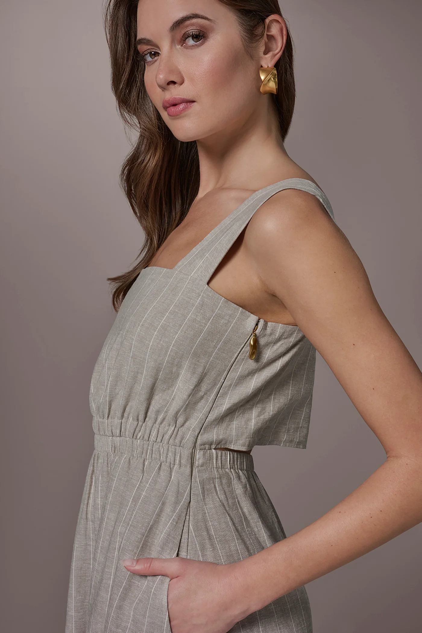 LINEN-BLEND PINSTRIPE CUTOUT MIDI DRESS - VXVOV