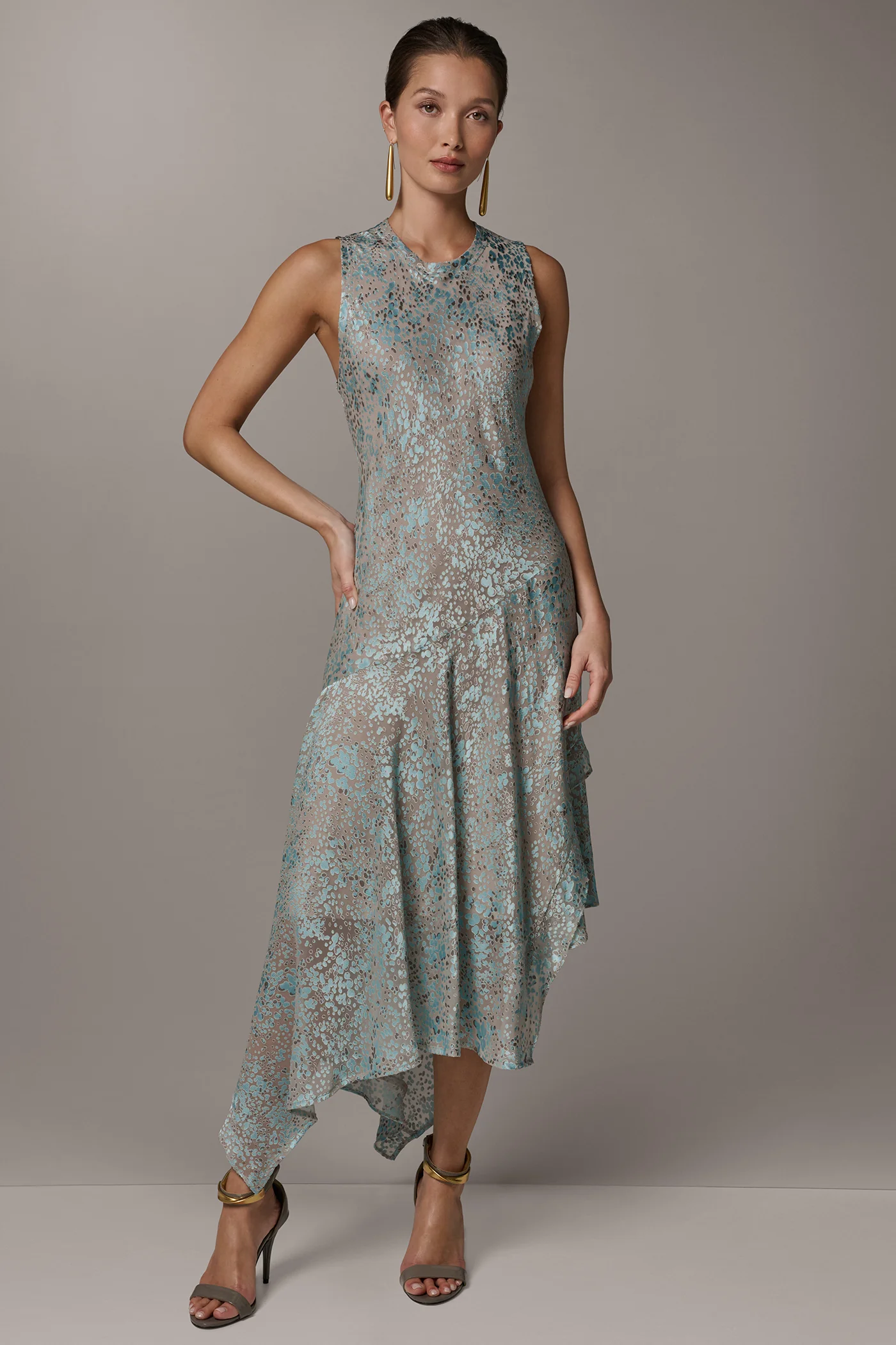 ASYMMETRIC BURNOUT MIDI FIT AND FLARE DRESS - VXVOV