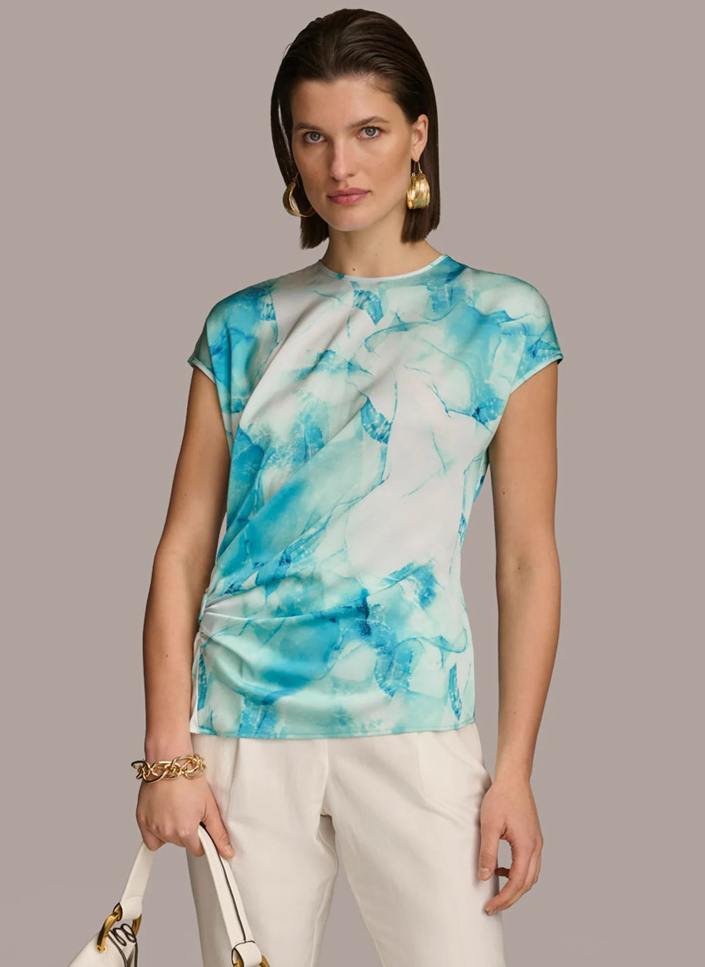 PRINT EXTENDED SHOULDER RUCHED TOP - VXVOV
