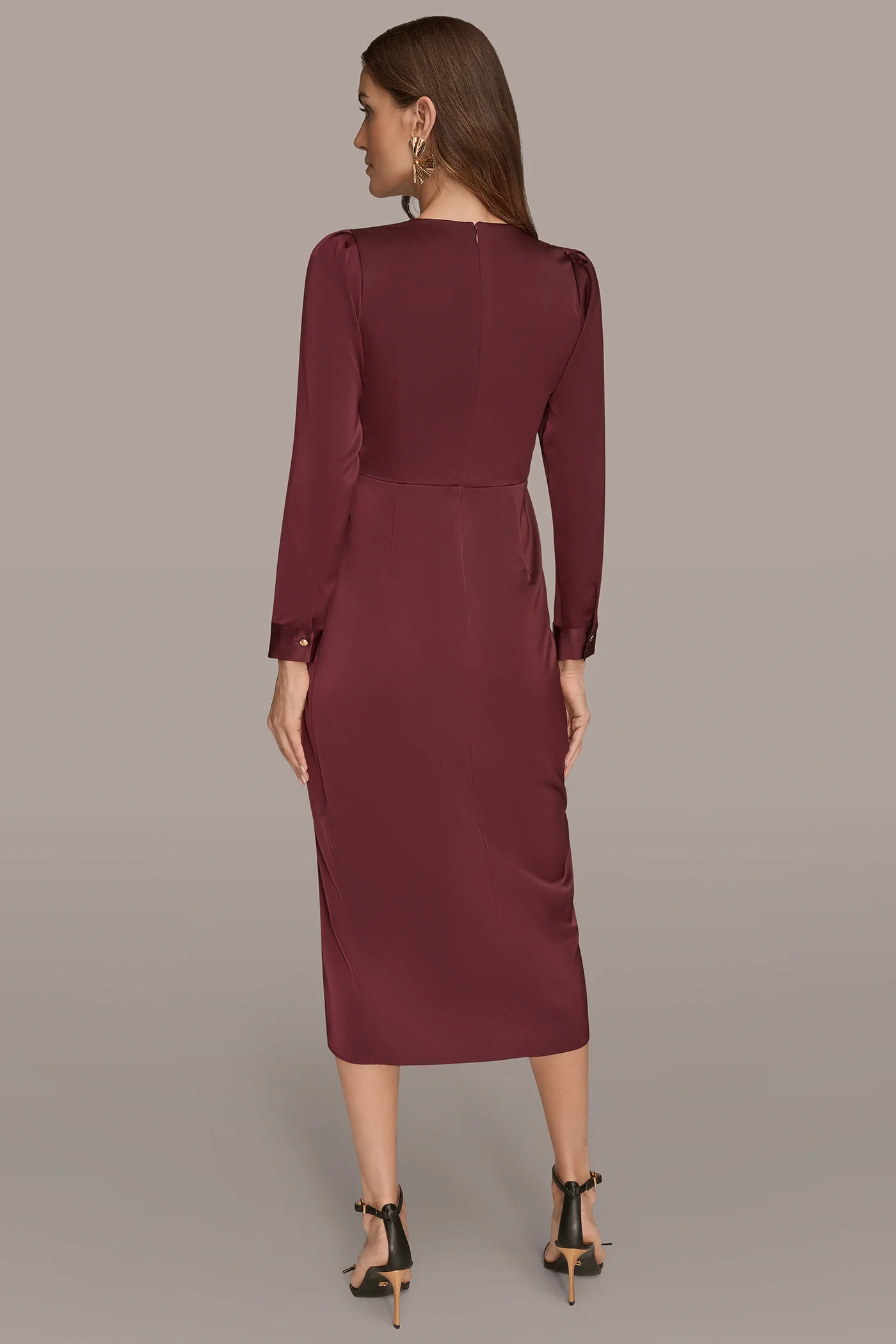 SATIN LONG SLEEVE RUFFLE MIDI DRESS - VXVOV