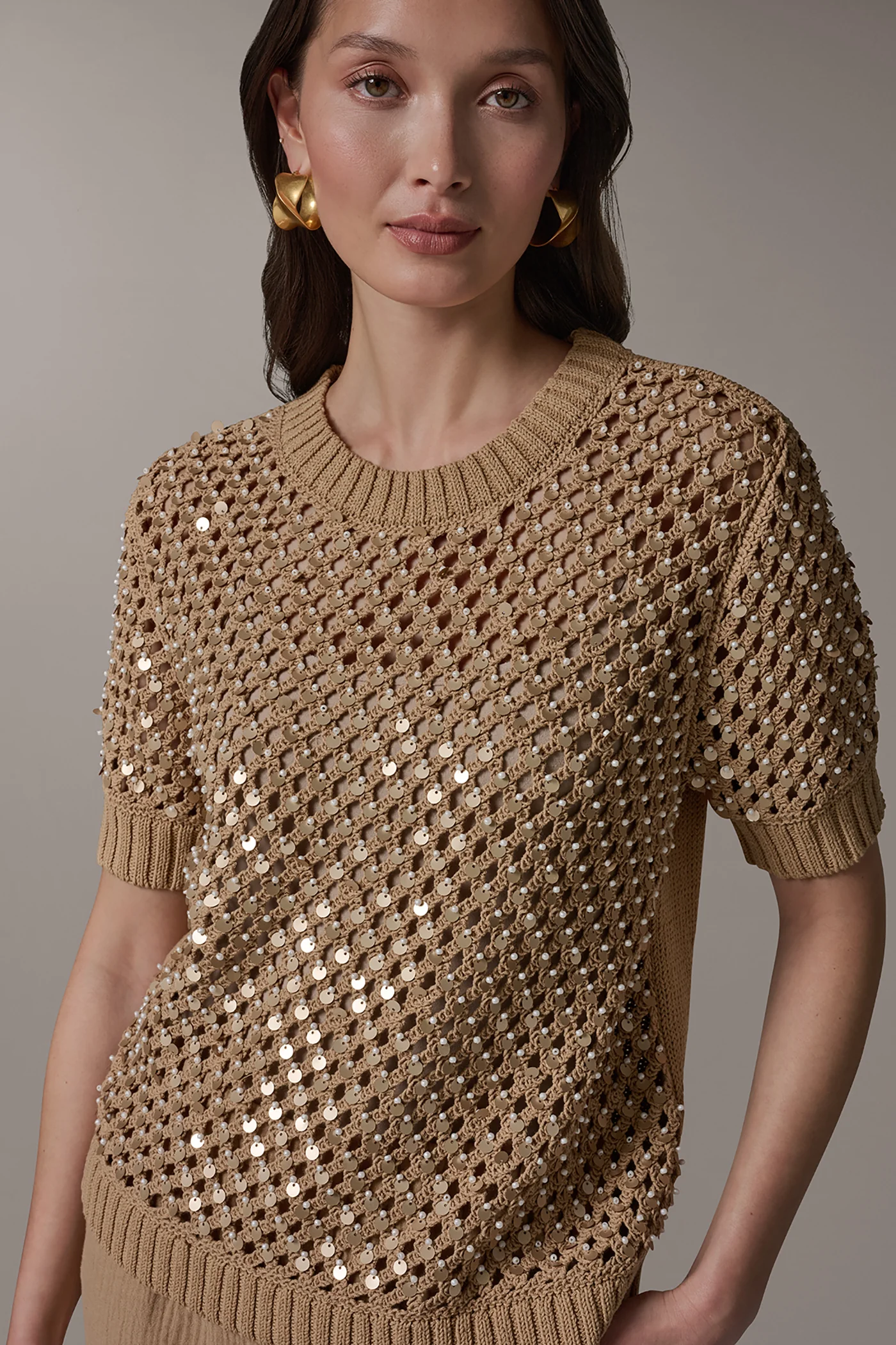CREW NECK SHORT SLEEVE PEARL SEQUIN SWEATER - VXVOV