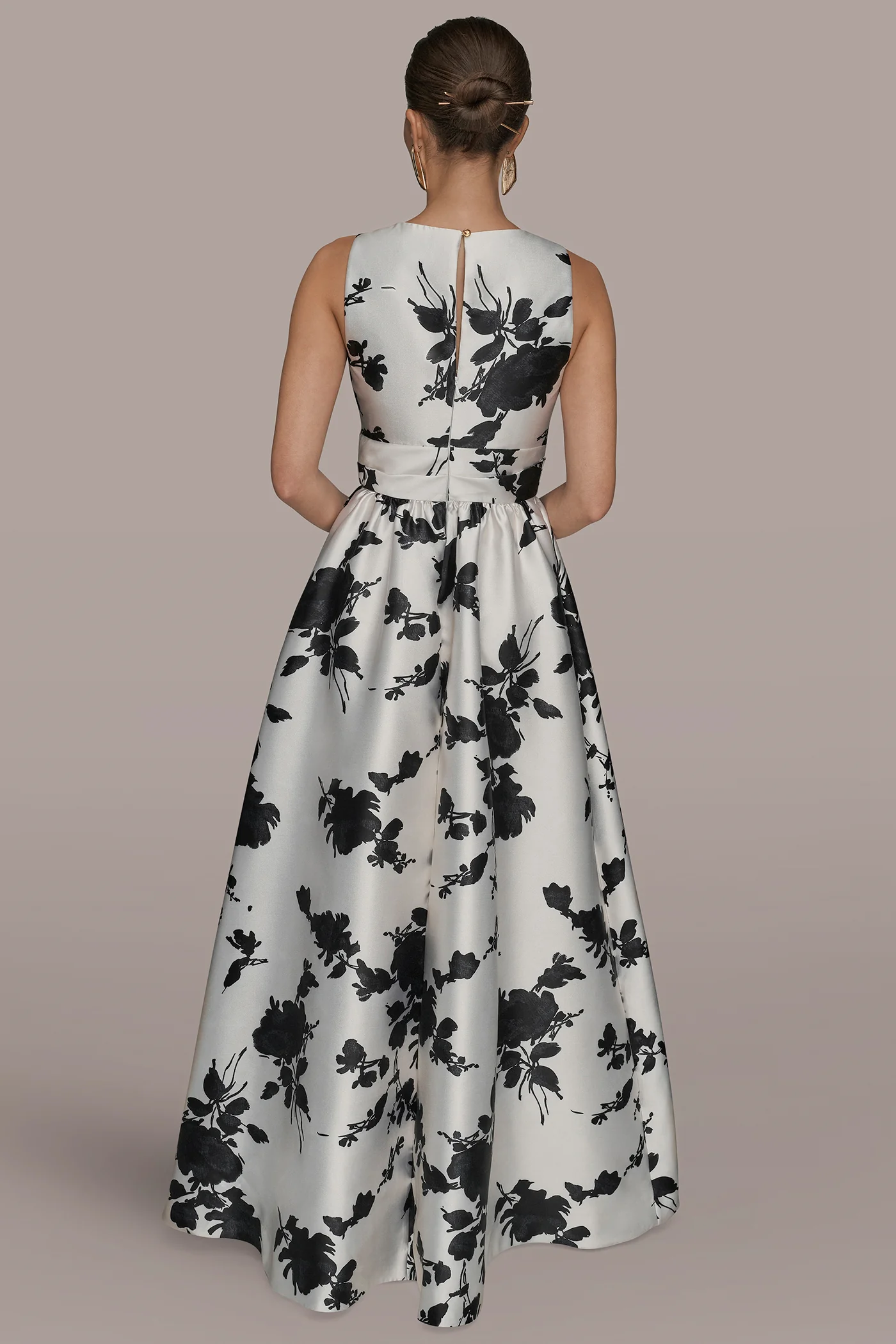 MIKADO SLEEVELESS V-NECK FLORAL GOWN - VXVOV